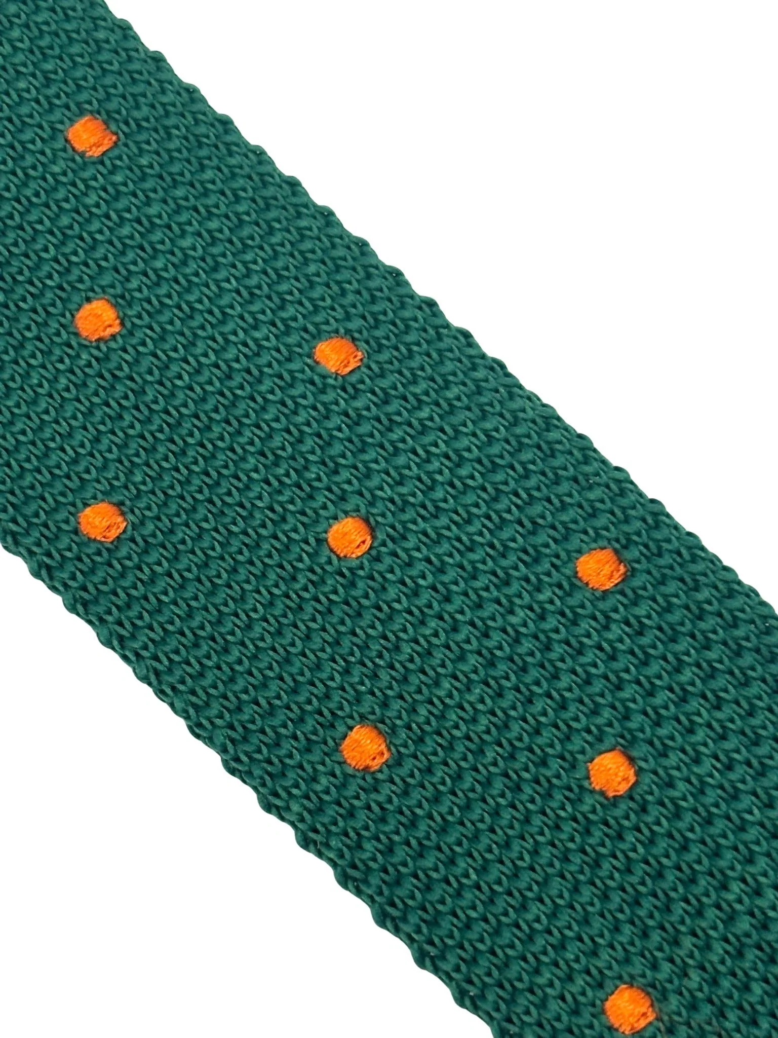 knitted tie in emerald green with an orange polka spots design - Image 3
