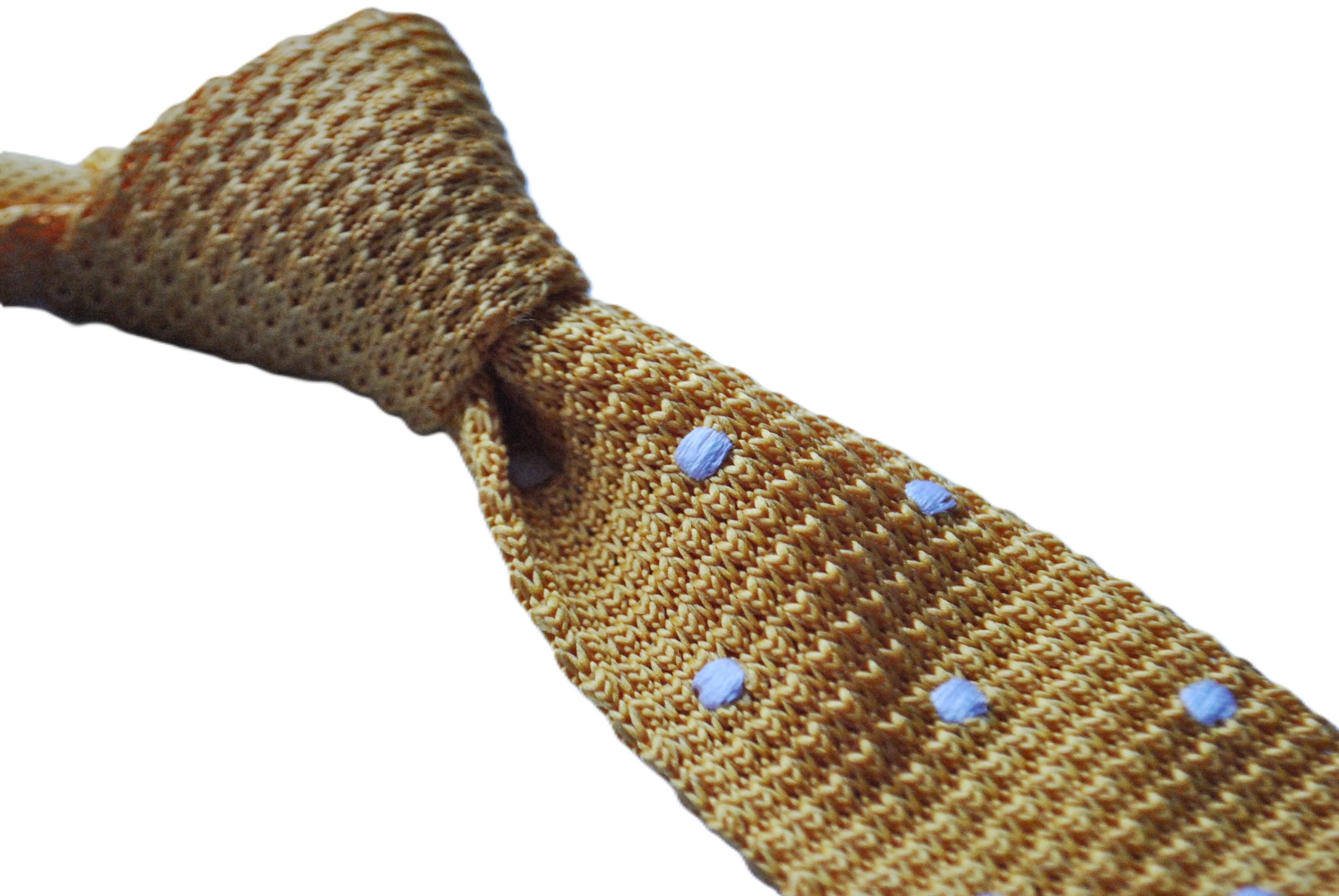 knitted yellow gold tie with white polka dots design - Image 2