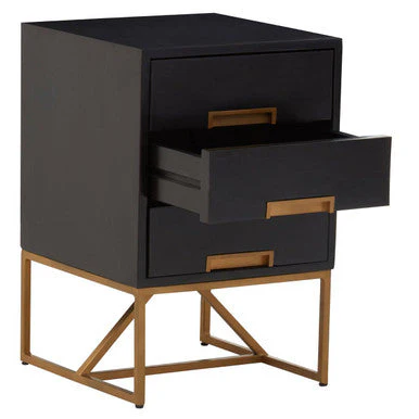 Black Mango Wood 3-Drawer Side Table with Gold Iron Legs and Handles, Kochi - Image 3