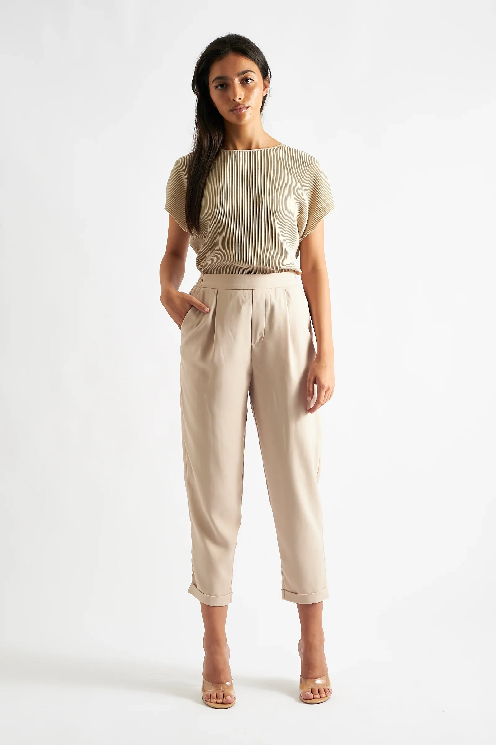 Korine Pleated Short Sleeve Top - Stone - Image 5