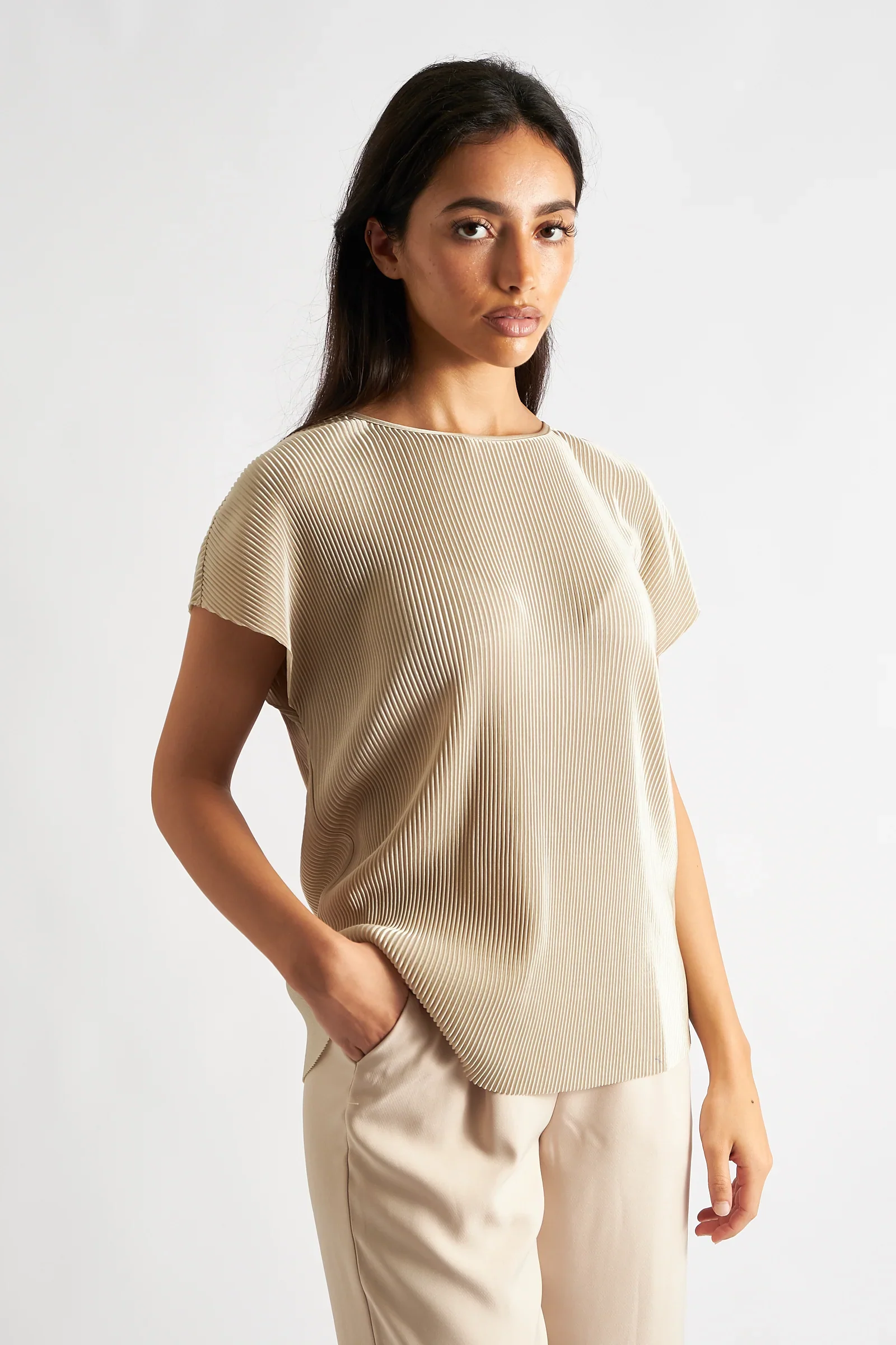 Korine Pleated Short Sleeve Top - Stone - Image 6