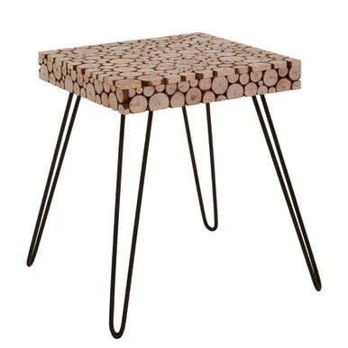 Distressed Fir Wood and Disc Top Square Side Table with Hairpin Legs, Lacuna - Image 4