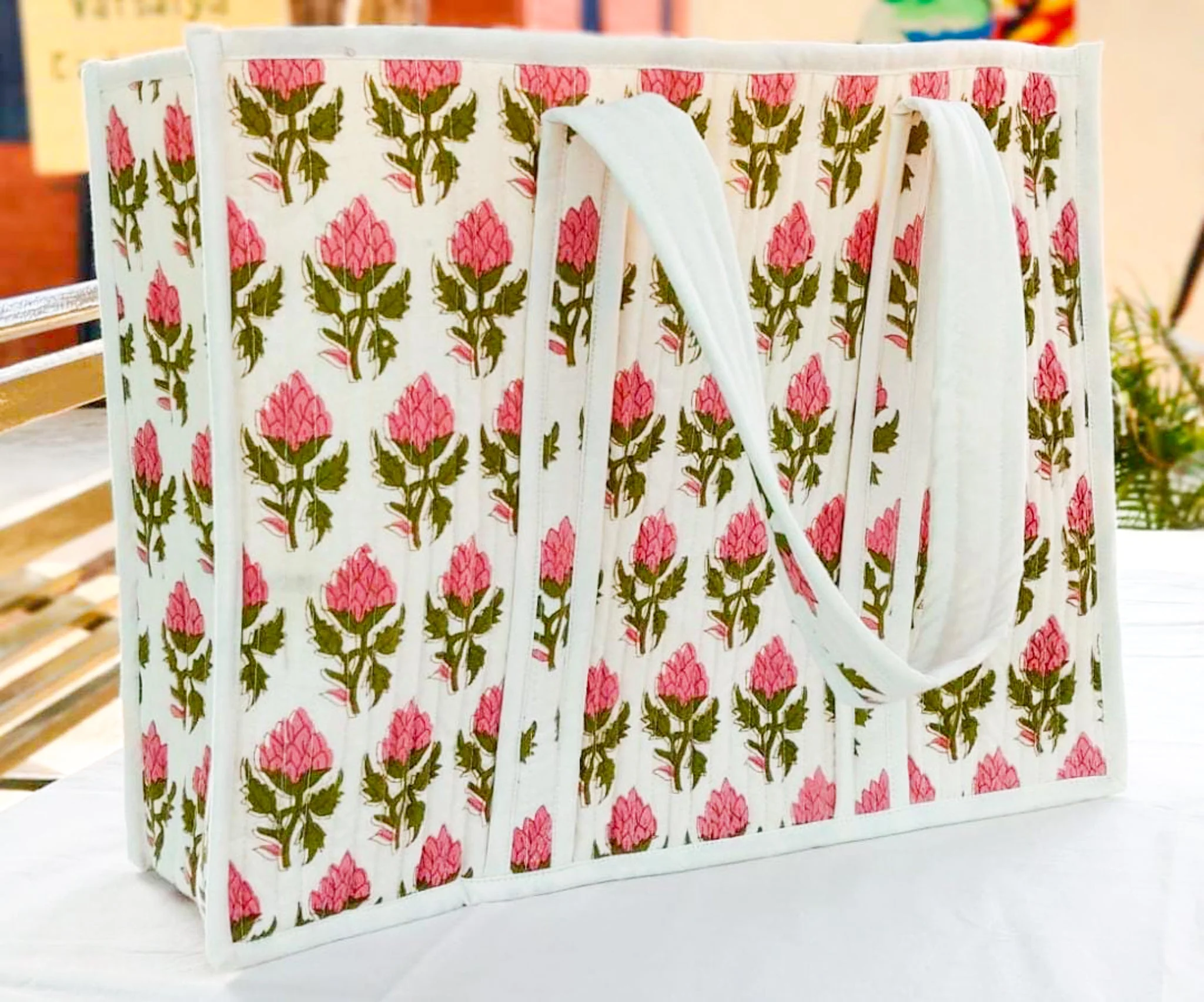 Large quilted weekend tote bag, vibrant pink block print, floral design - Image 2