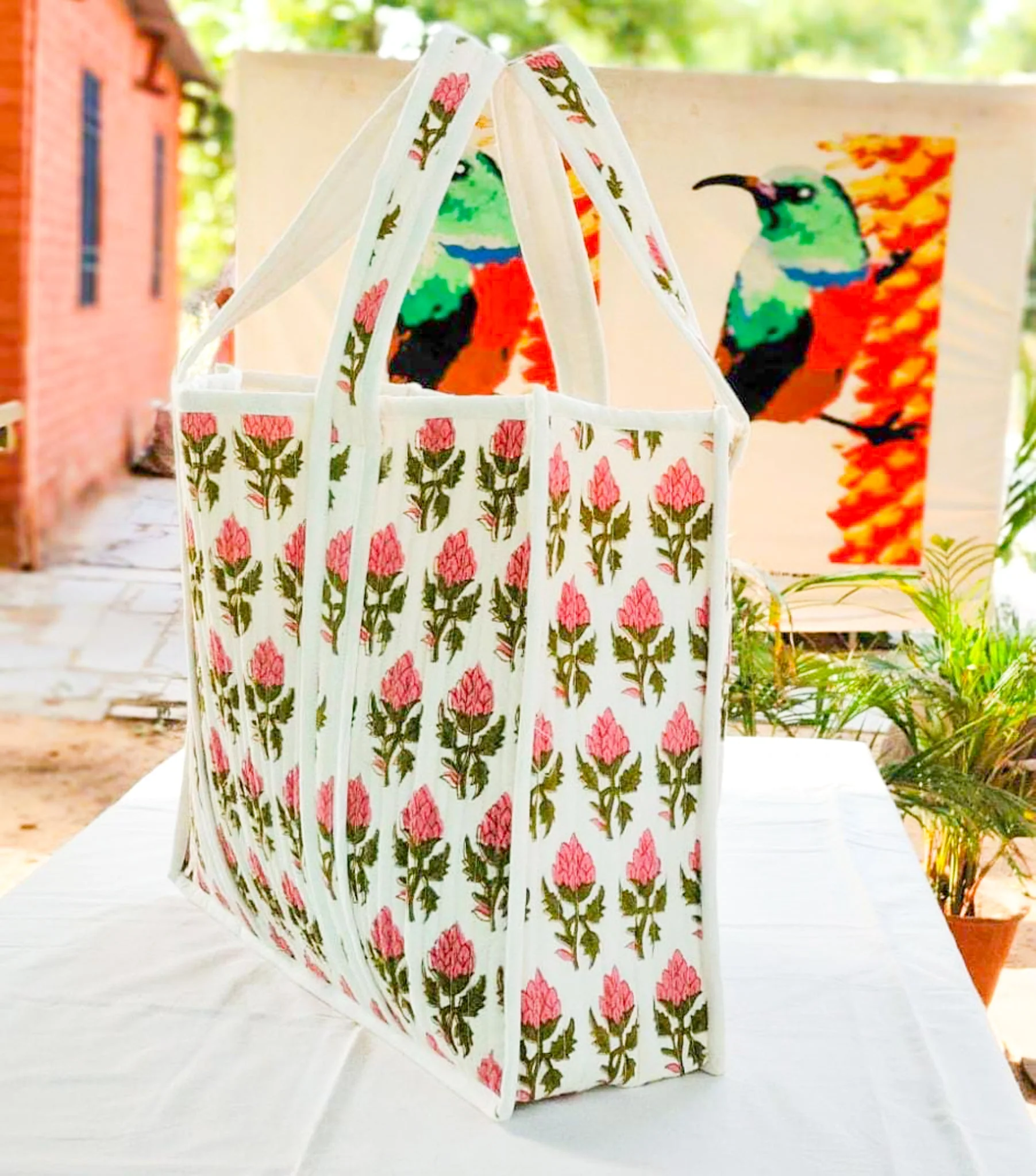 Large quilted weekend tote bag, vibrant pink block print, floral design - Image 6