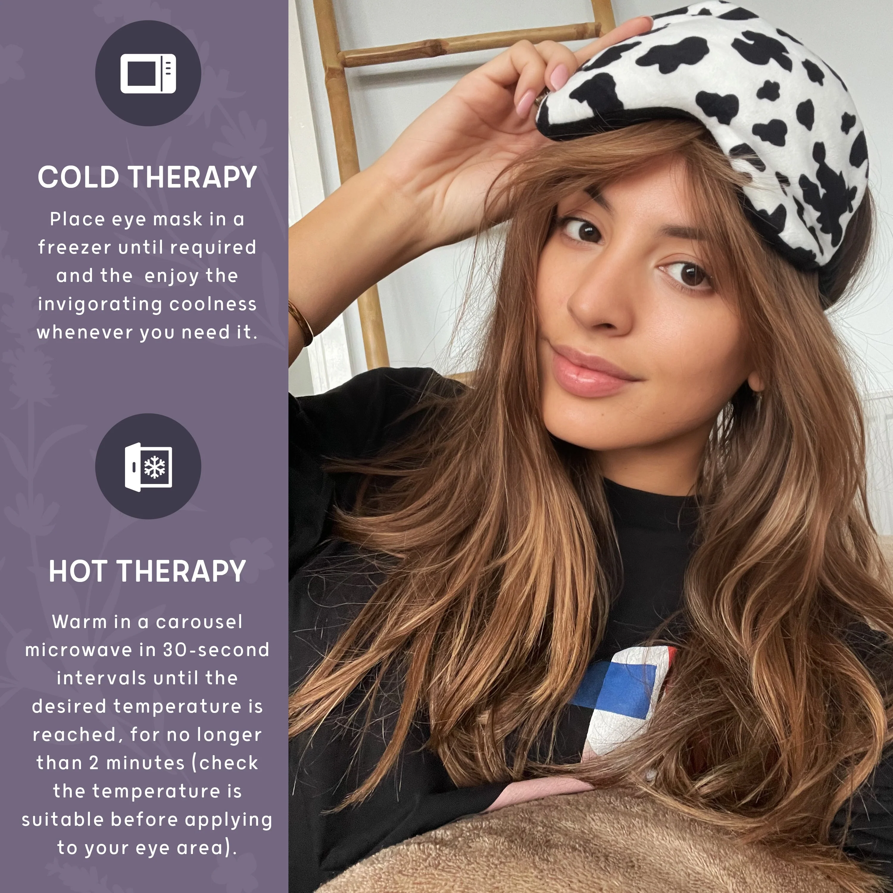 Lavender Deep Pressure Therapy Eye Mask - Cow Print - Image 4