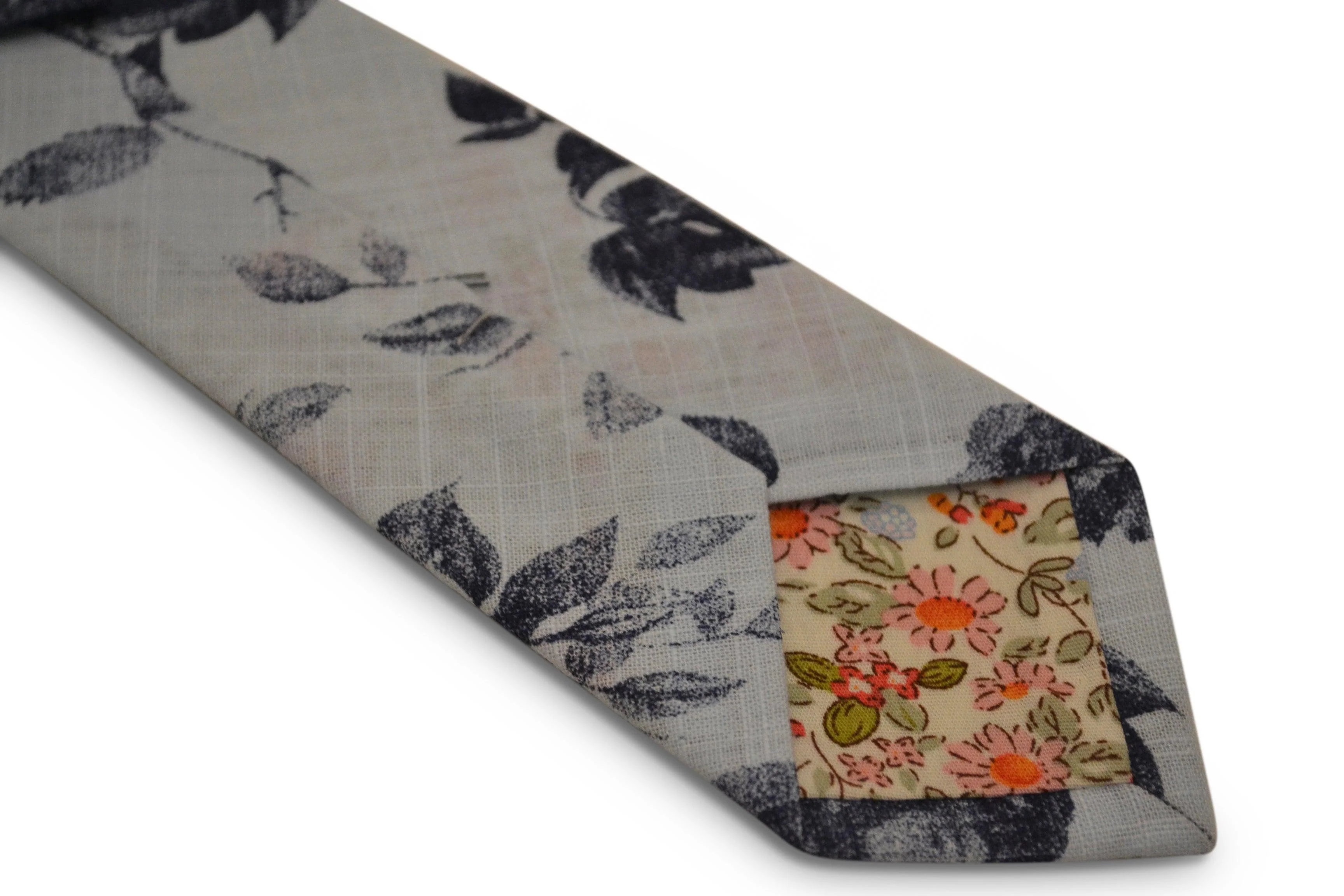 light baby blue with navy blue floral stencil design cotton tie - Image 3