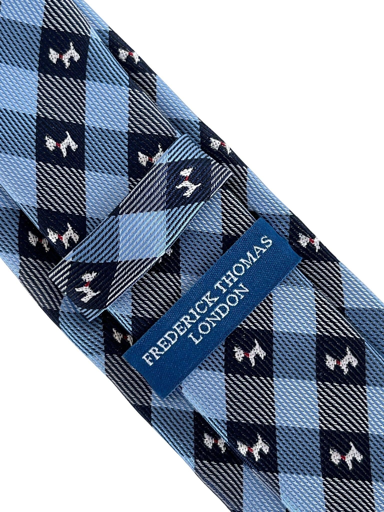 light blue  and dark navy blue plaid gingham style tie with Scottie dog Scottish Terrier design - Image 4