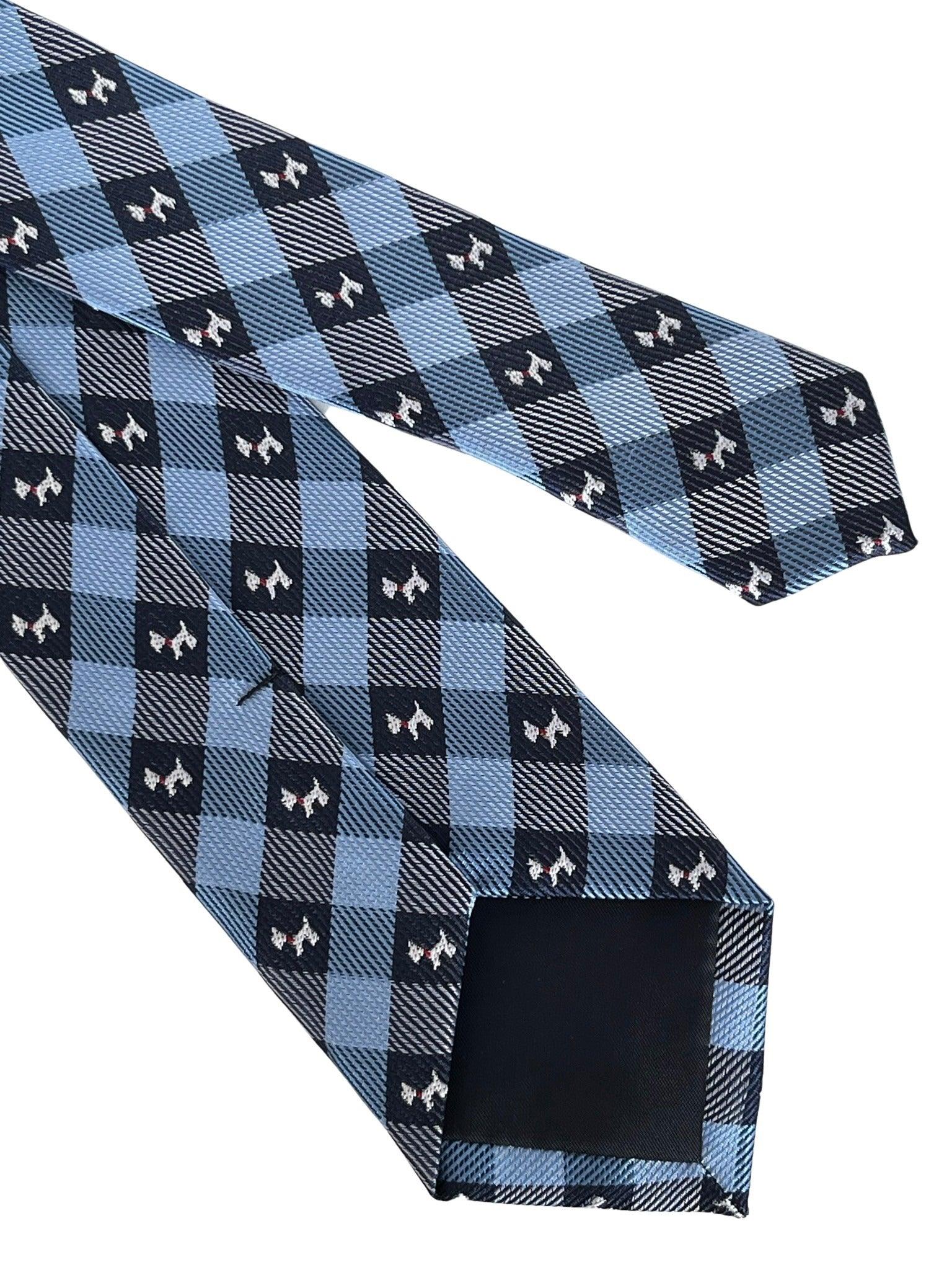 light blue  and dark navy blue plaid gingham style tie with Scottie dog Scottish Terrier design - Image 5