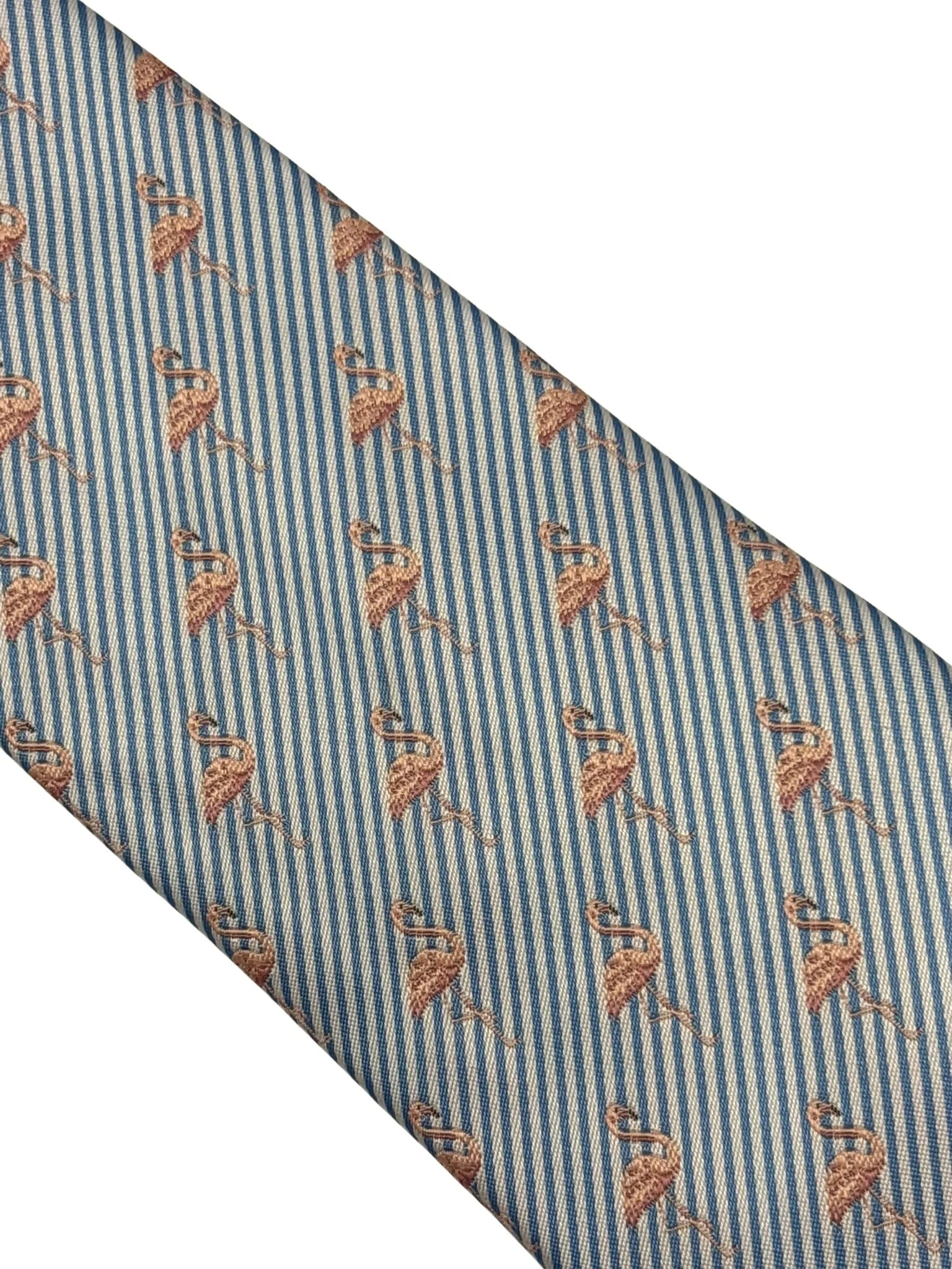 light blue and white pin striped tie with pink flamingo design - Image 3