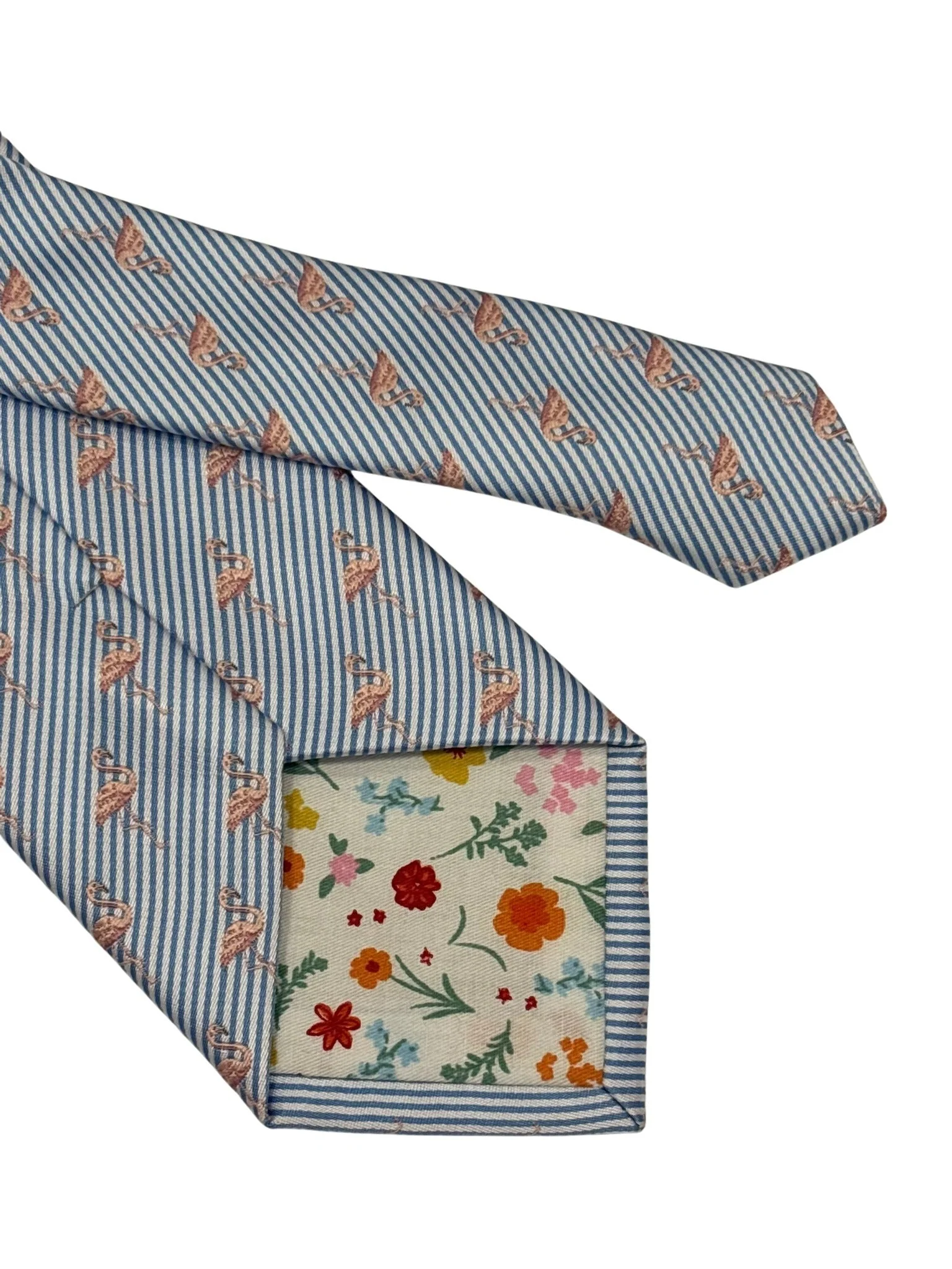 light blue and white pin striped tie with pink flamingo design - Image 5