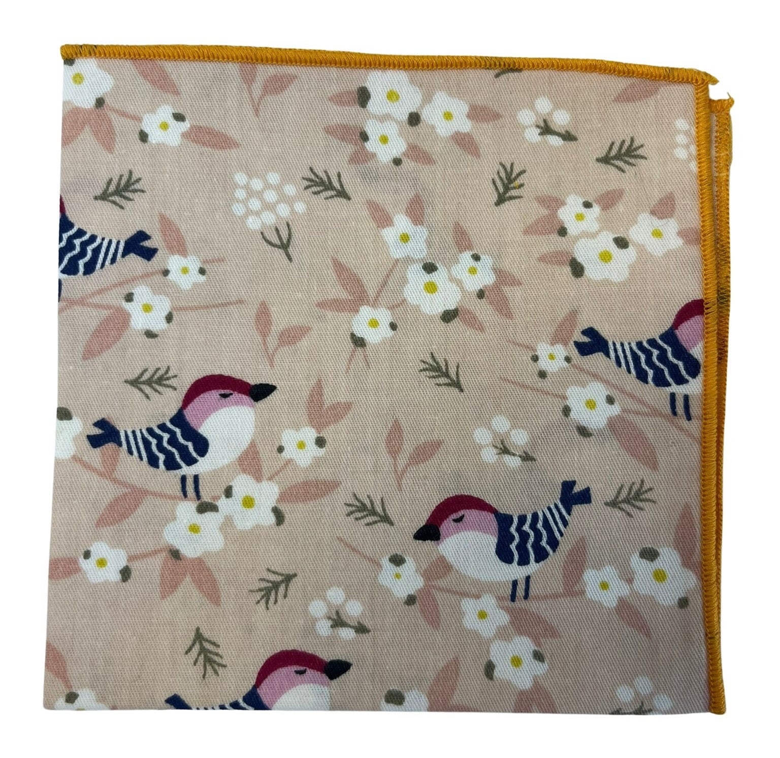 light peachy pink cotton pocket square with pale bird and floral flower print