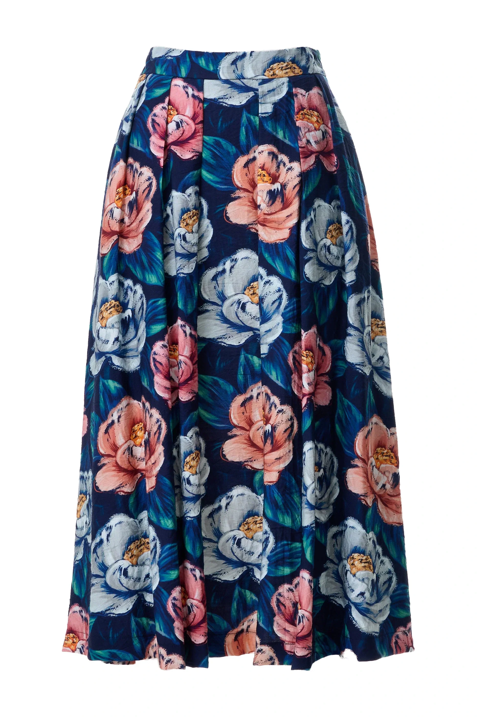 Lizea Peonies Print Pleated Midi Skirt - Navy - Image 6