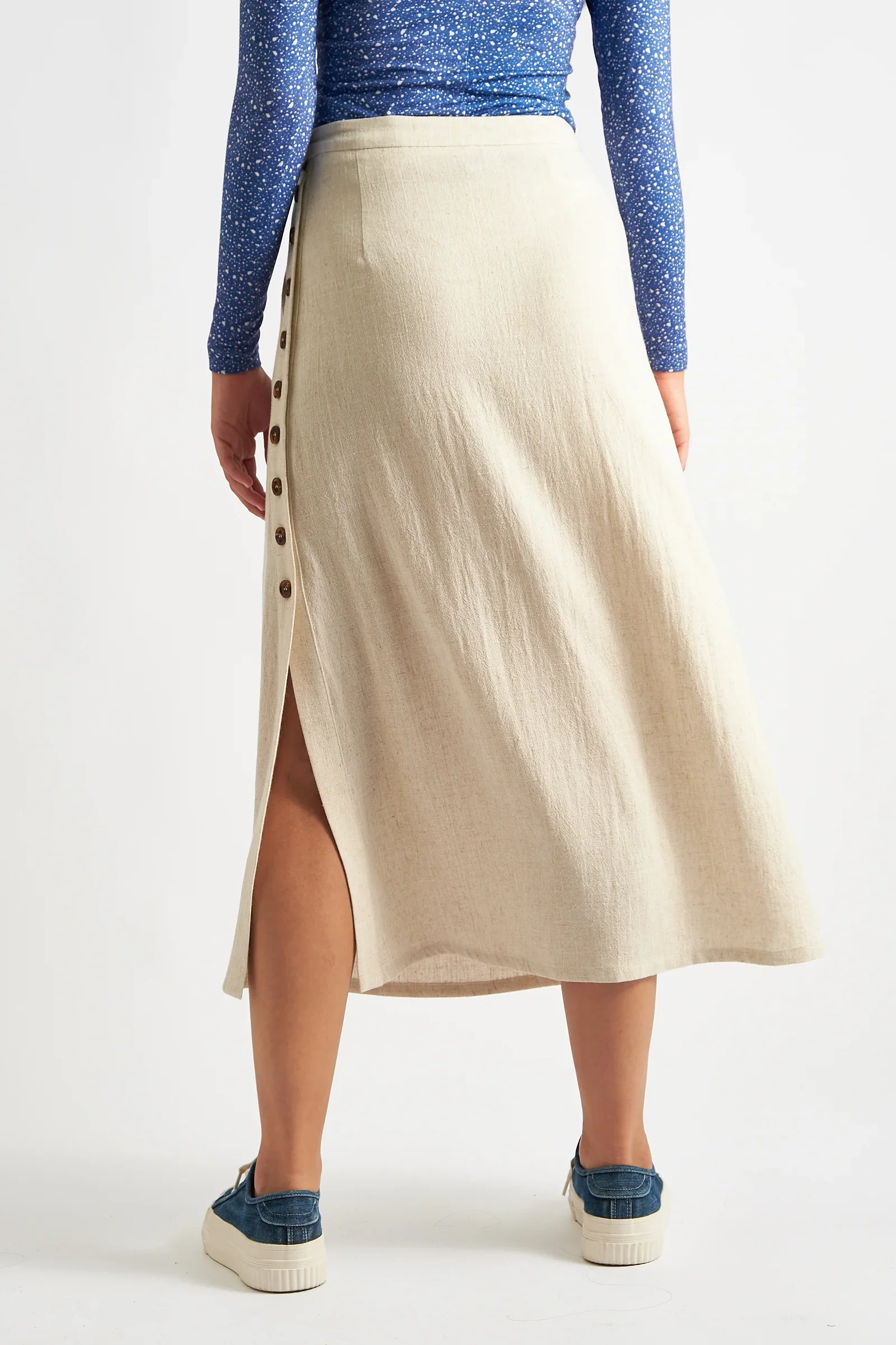 Lloyd Linen Mix Button Side Midi Skirt - Natural - Image 2