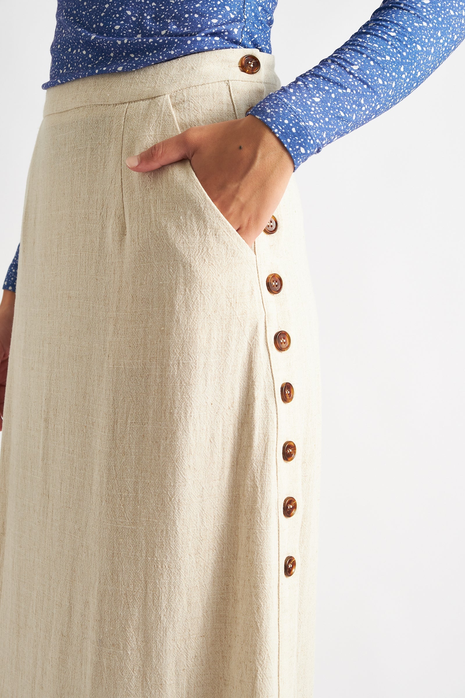 Lloyd Linen Mix Button Side Midi Skirt - Natural - Image 3