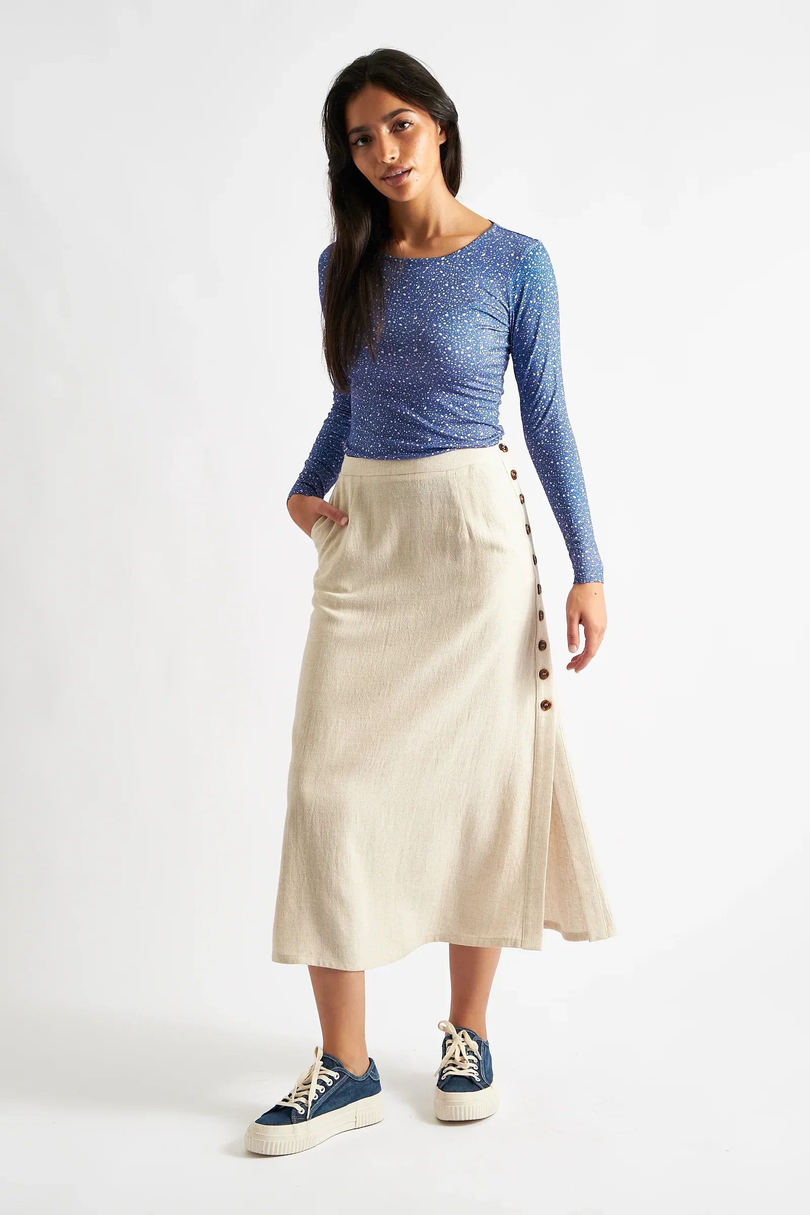 Lloyd Linen Mix Button Side Midi Skirt - Natural - Image 4