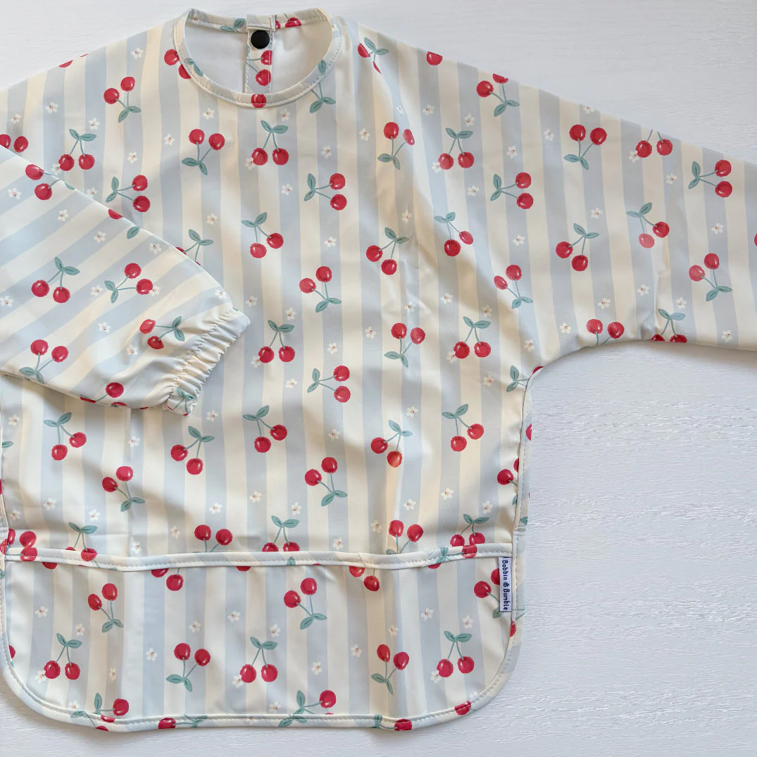 Long Sleeved Baby Bib - Cherry Stripe - Image 4