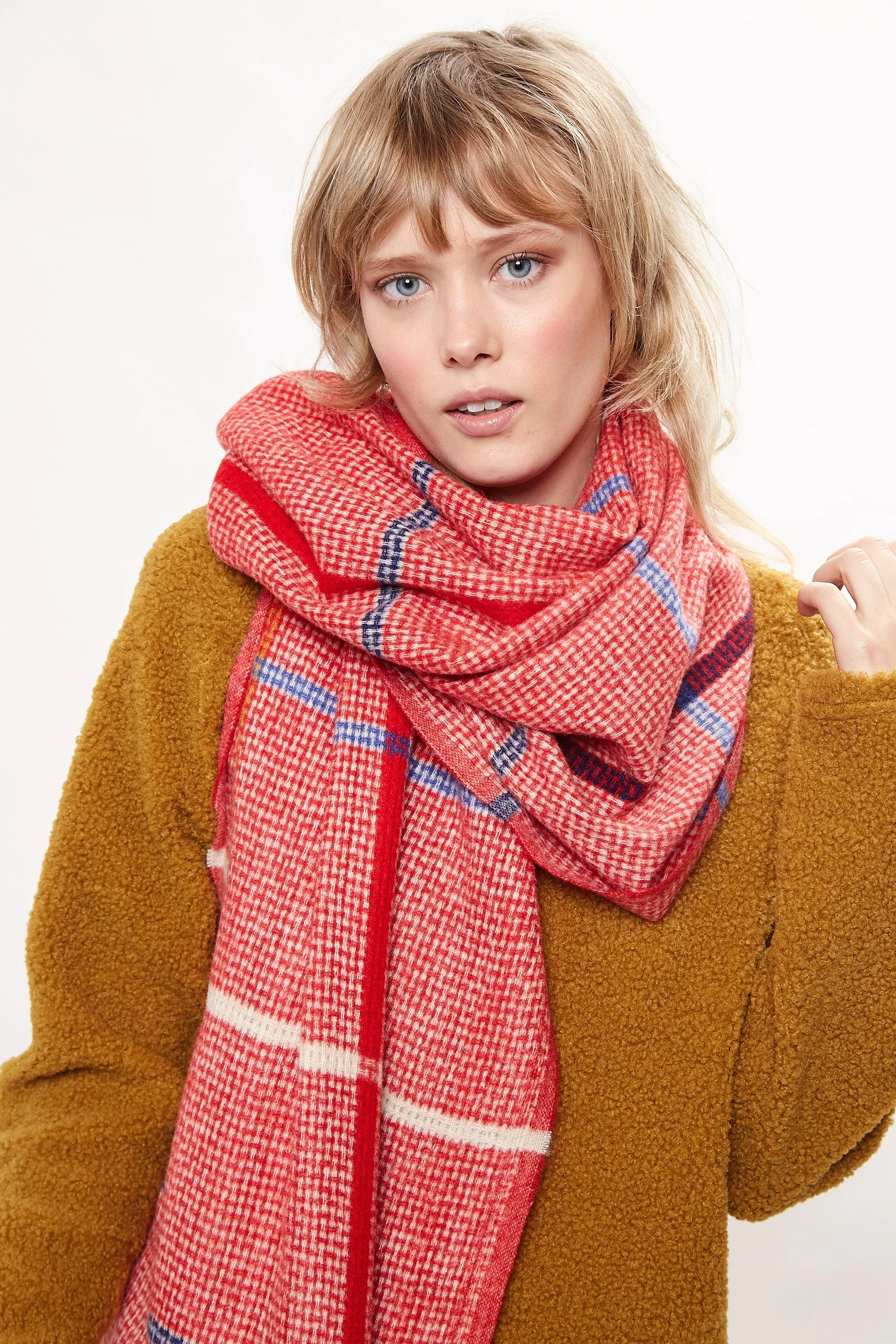 Louche Aoife Fluffy Warm Handle Woven Check Scarf With Tassels - Red - Image 3