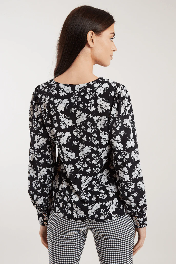 Louche Bindy Mono Sprig Print V Neck Long Sleeve Blouse - Image 2