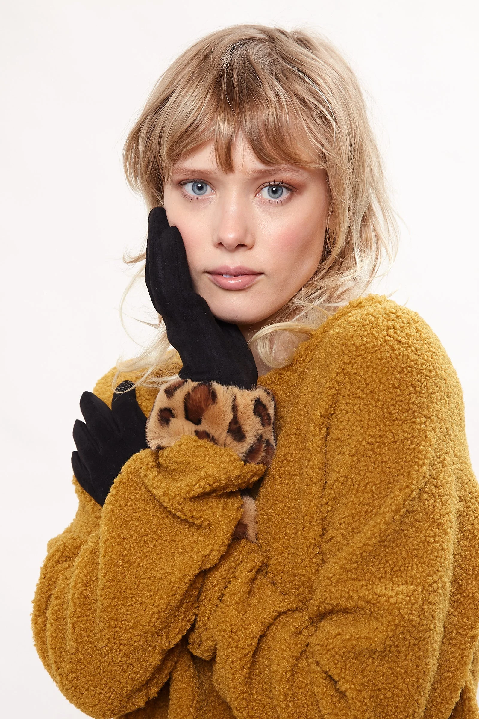 Louche Cadhla Faux Suede And Fur Cuffed Touch Screen Gloves - Black - Image 2