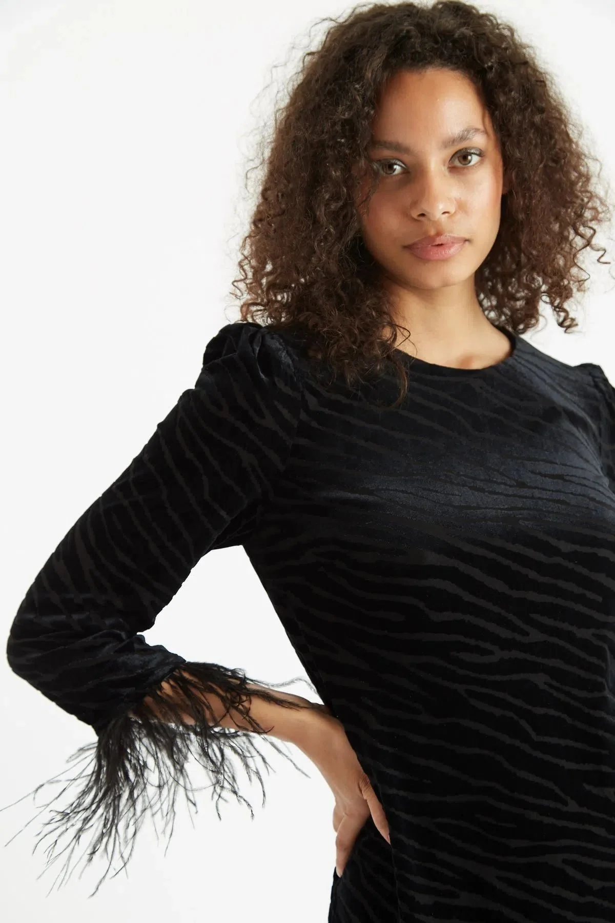 Louche Celie Zebra Devore Feather Trimmed Mini Dress Black - Image 4