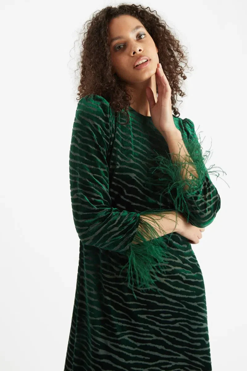 Louche Celie Zebra Devore Feather Trimmed Mini Dress Green - Image 5