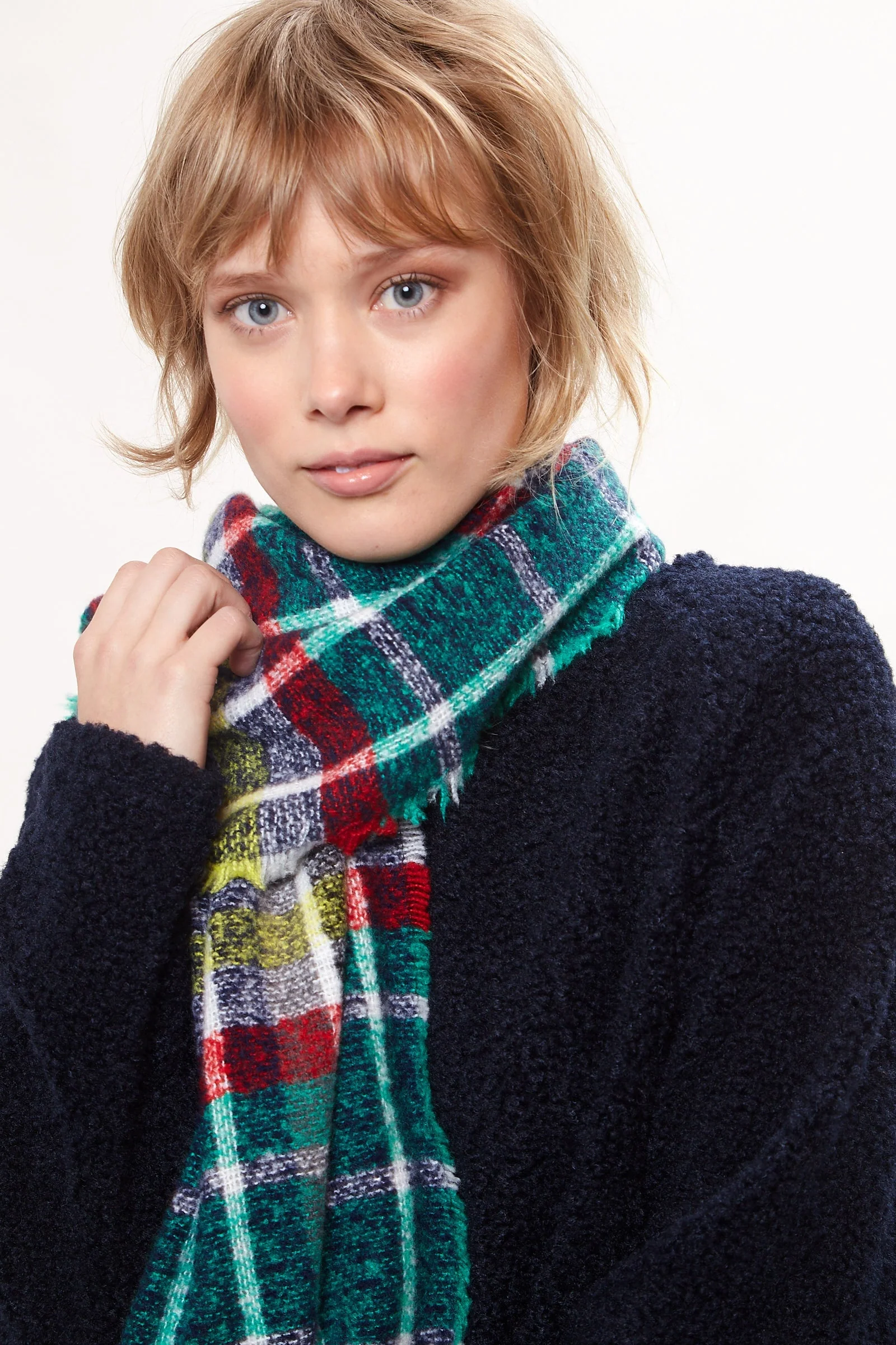 Louche Clodagh Warm Handle Checked Scarf With Fringed Edge - Green - Image 2