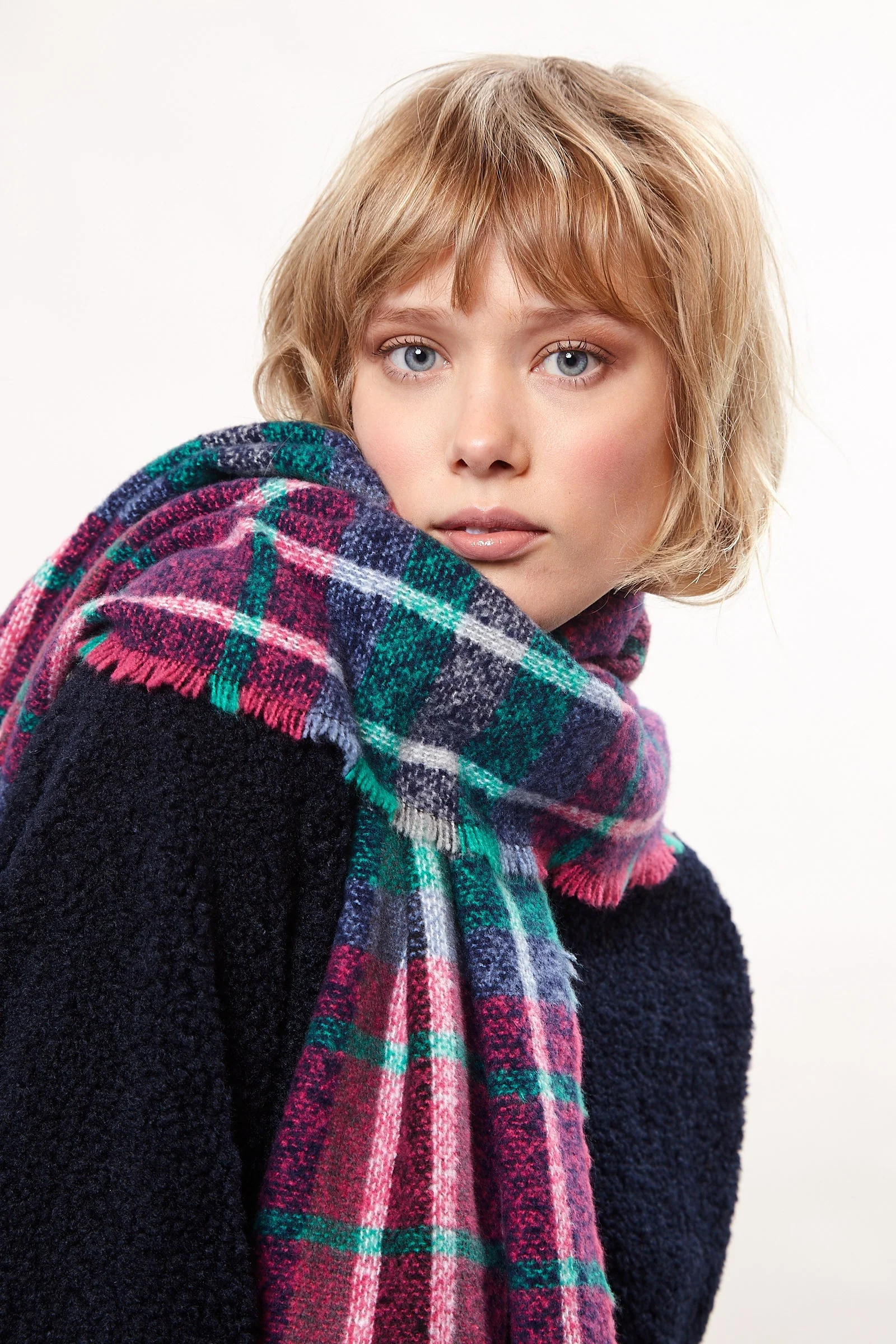 Louche Clodagh Warm Handle Checked Scarf With Fringed Edge - Navy - Image 2