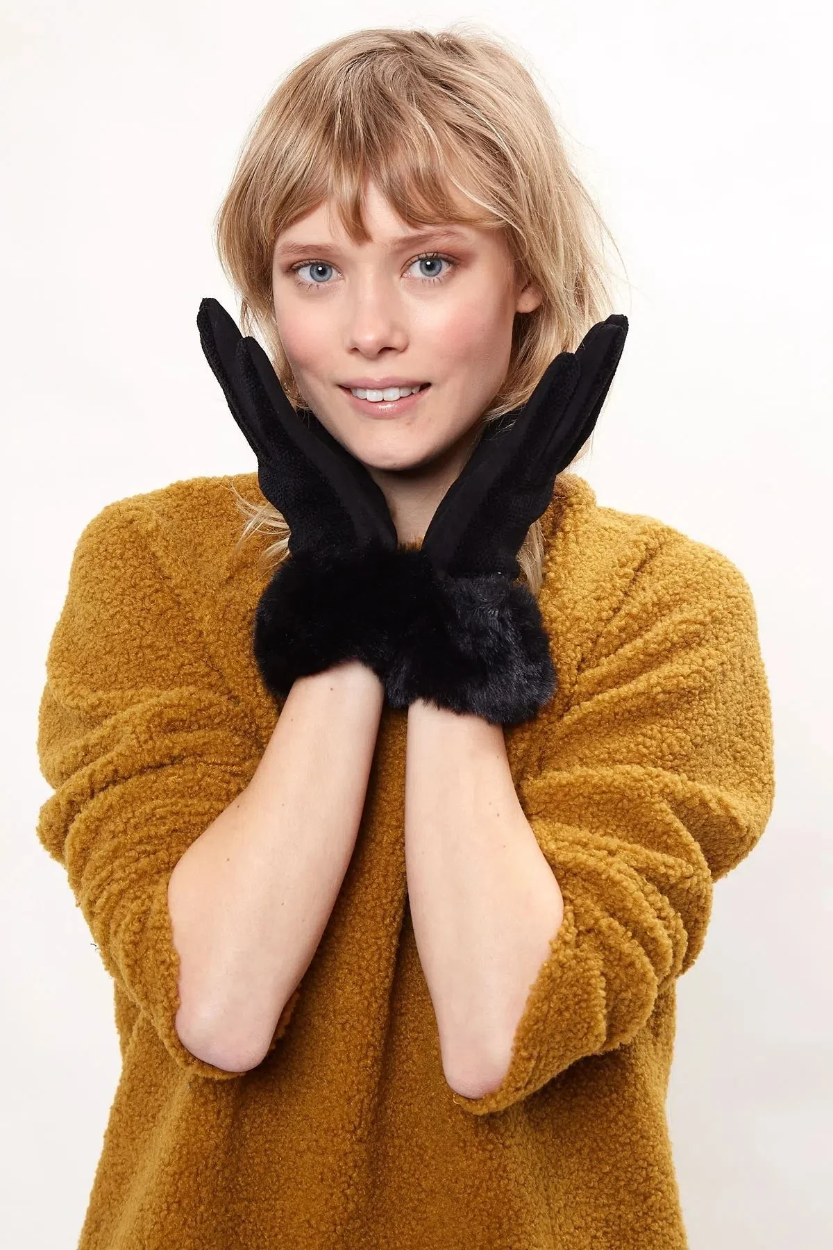 Louche Emer Faux Suede And Fur Cuffed Touch Screen Gloves - Black - Image 2