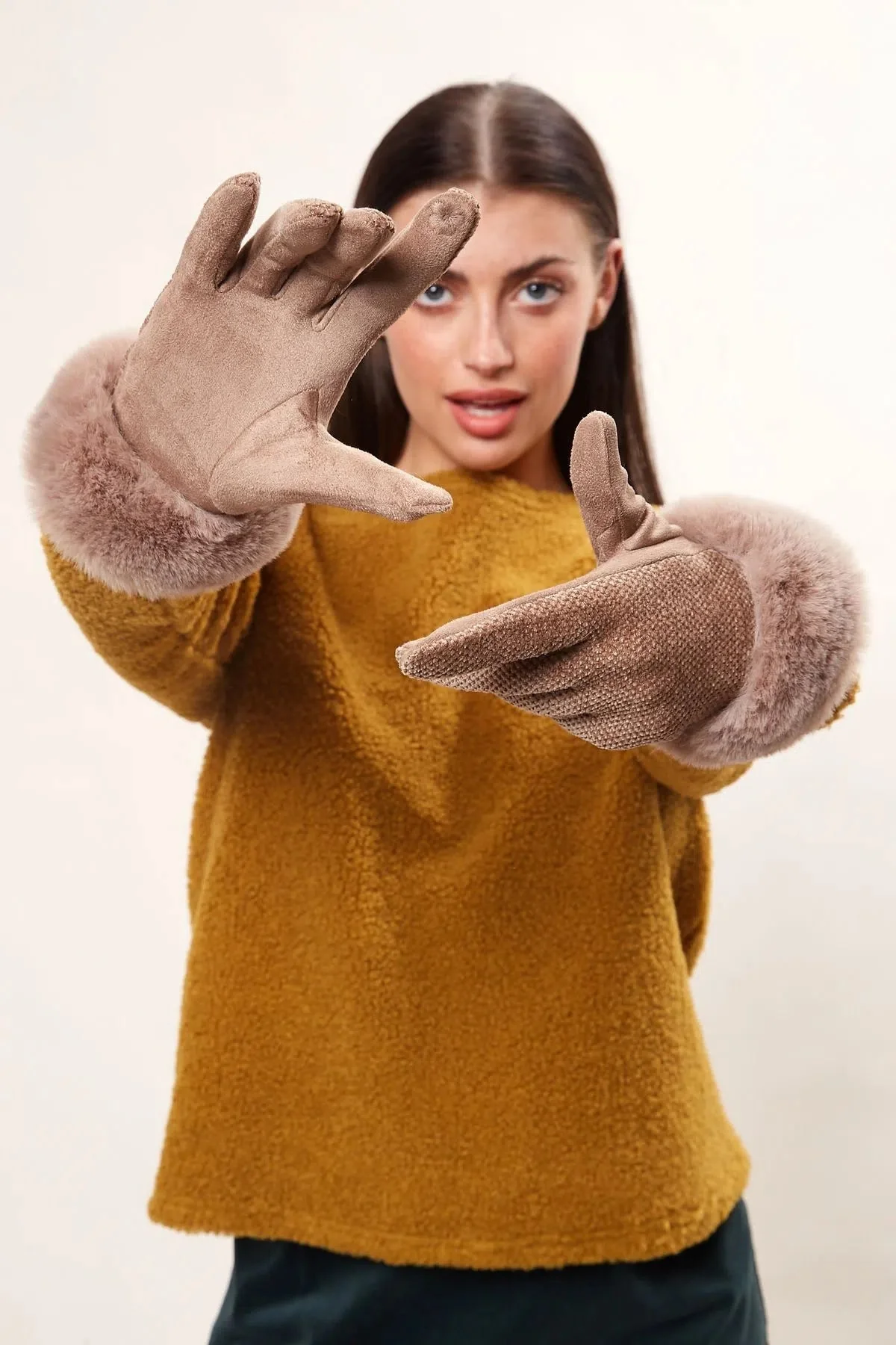Louche Emer Faux Suede And Fur Cuffed Touch Screen Gloves - Stone - Image 3