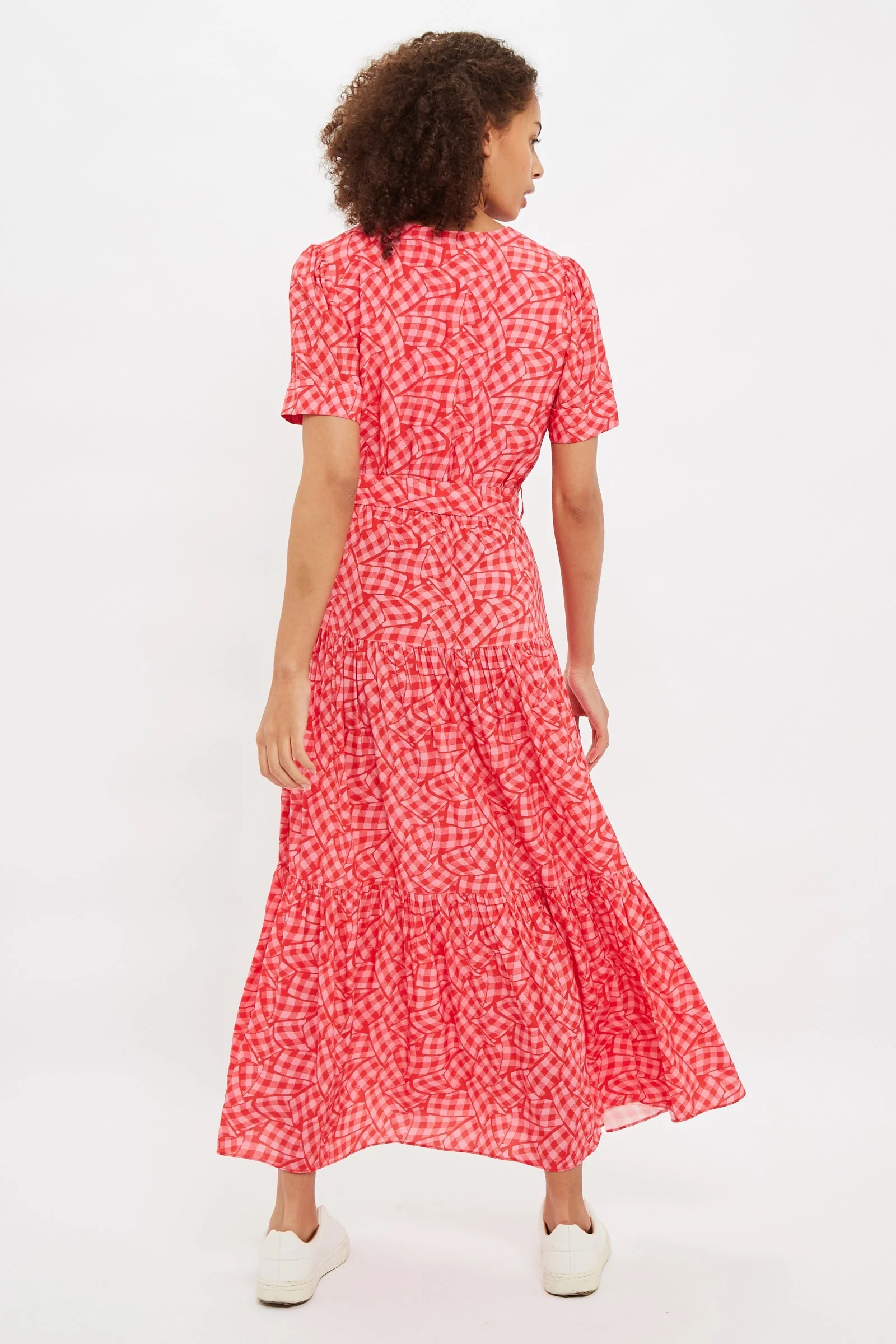Louche Emin Gingham Twist Print Tiered Short Sleeve Midi Dress - Image 2