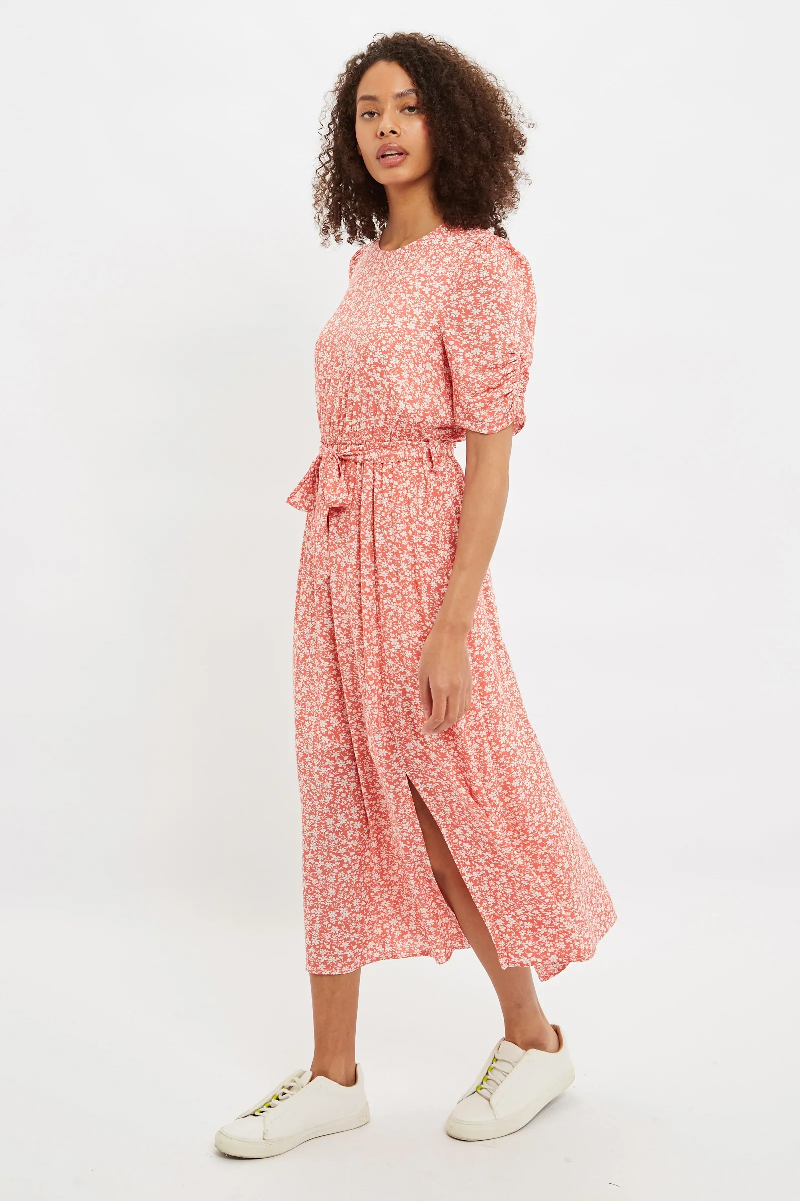 Louche Kiza Micro Blossom Print Short Sleeve Midi Dress In Pink - Image 5
