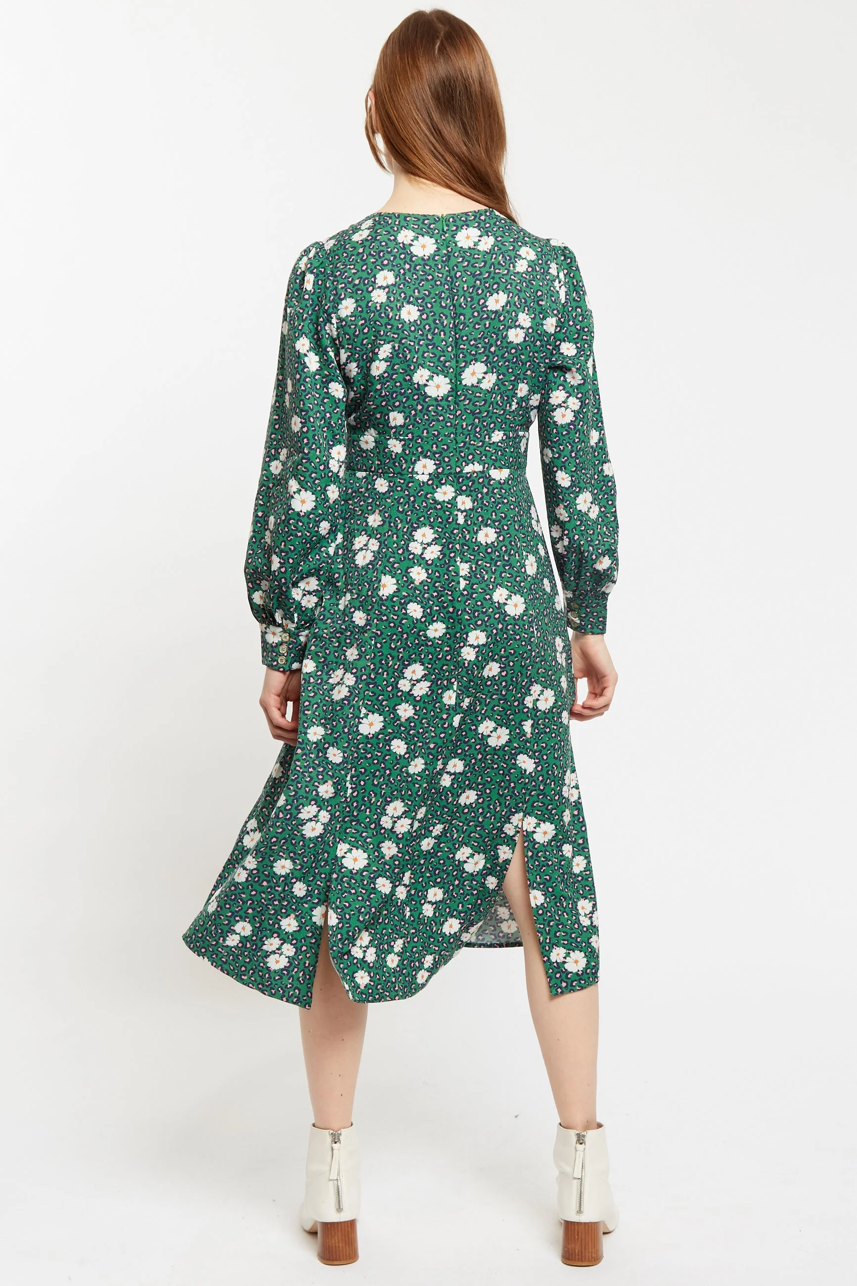 Louche Liv Roaring Daisy Print Long Sleeve Midi Dress - Green - Image 2
