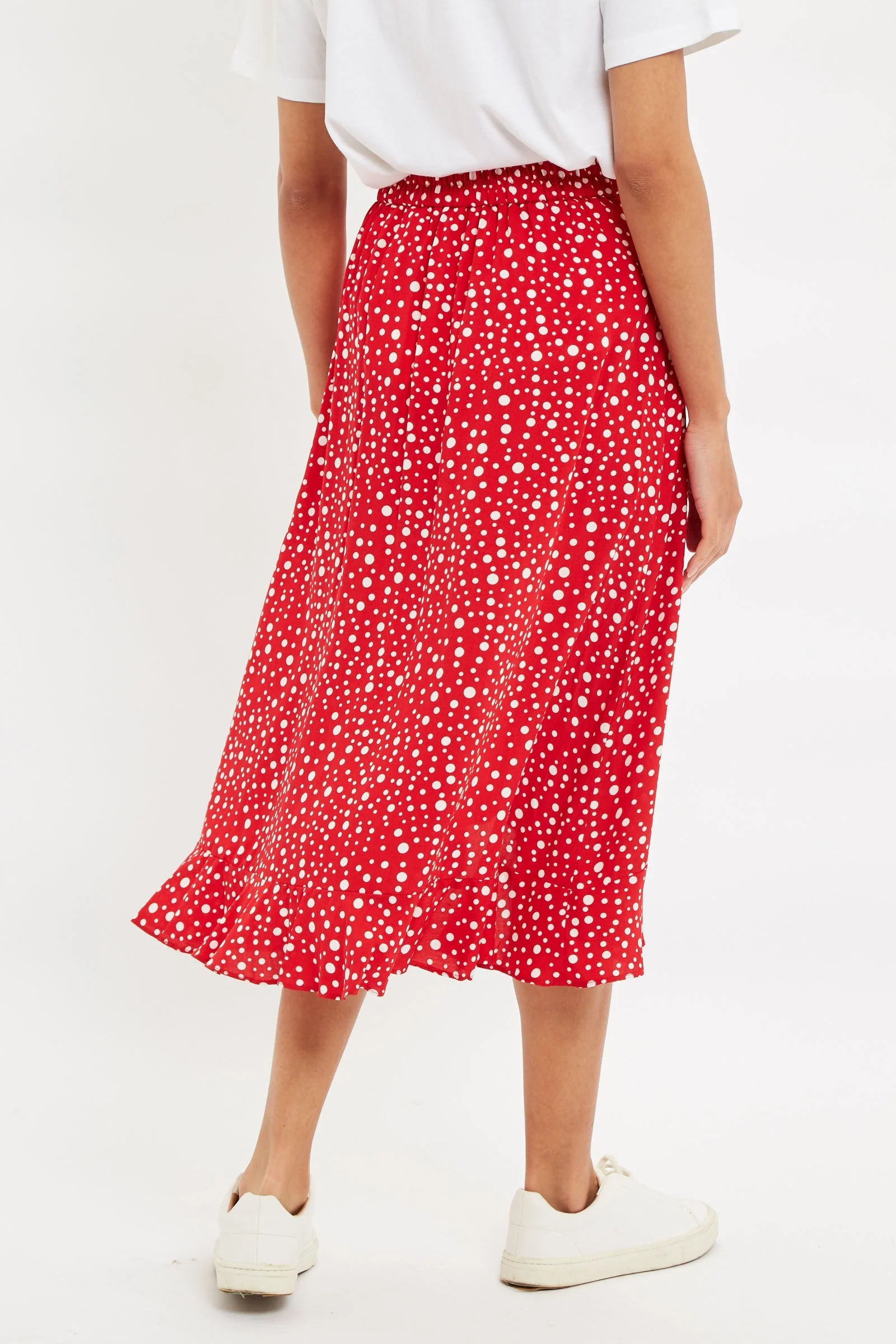 Louche Mara Spot It Print Ruffle Hem Wrap Midi Skirt Red - Image 3
