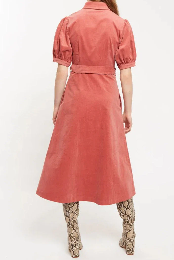 Louche Mollie Baby Cord Puff Sleeve Midi Shirtdress Blush Pink - Image 2
