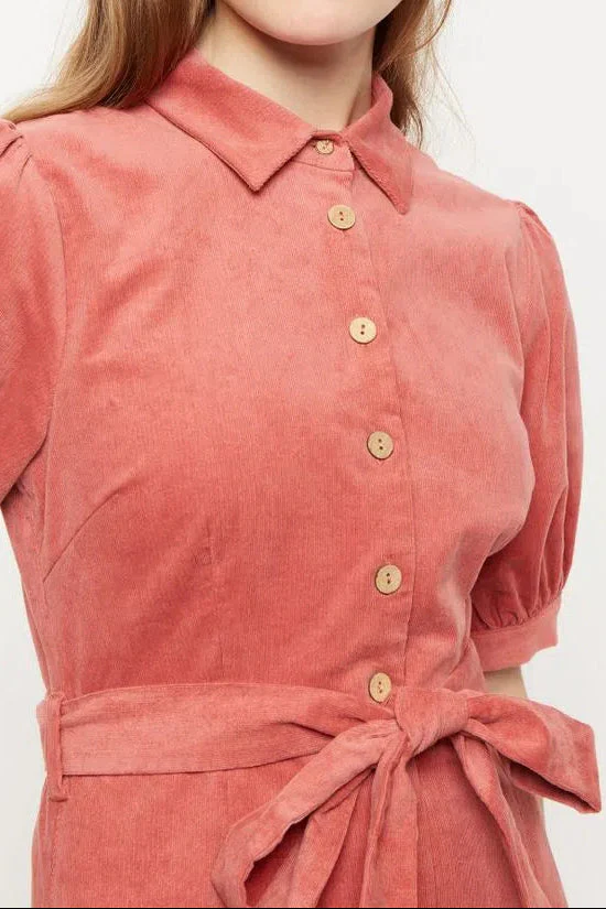 Louche Mollie Baby Cord Puff Sleeve Midi Shirtdress Blush Pink - Image 3