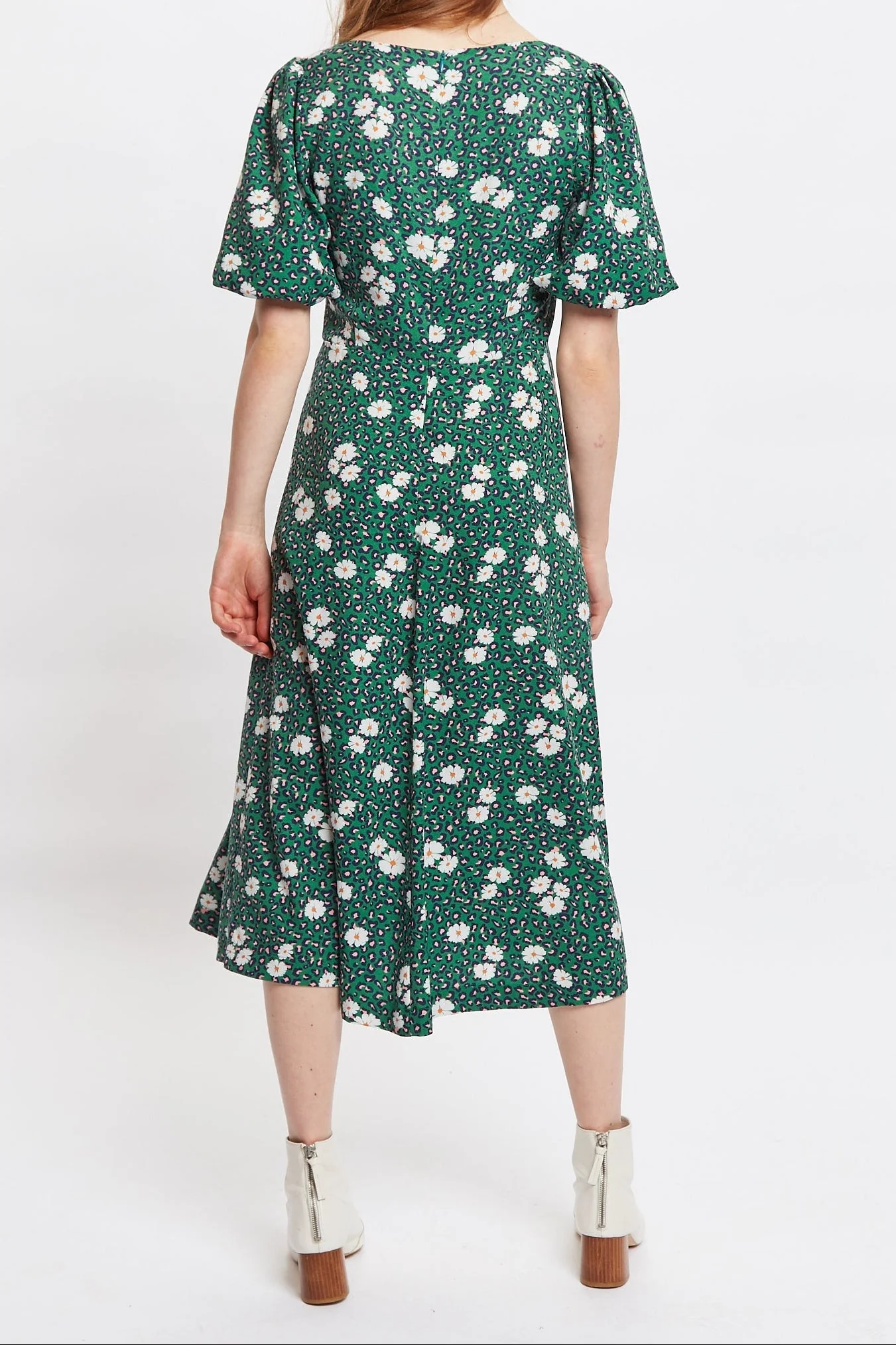 Louche Nadine Roaring Daisy Print Square Neck Balloon Sleeve Midi Dress - Green - Image 2