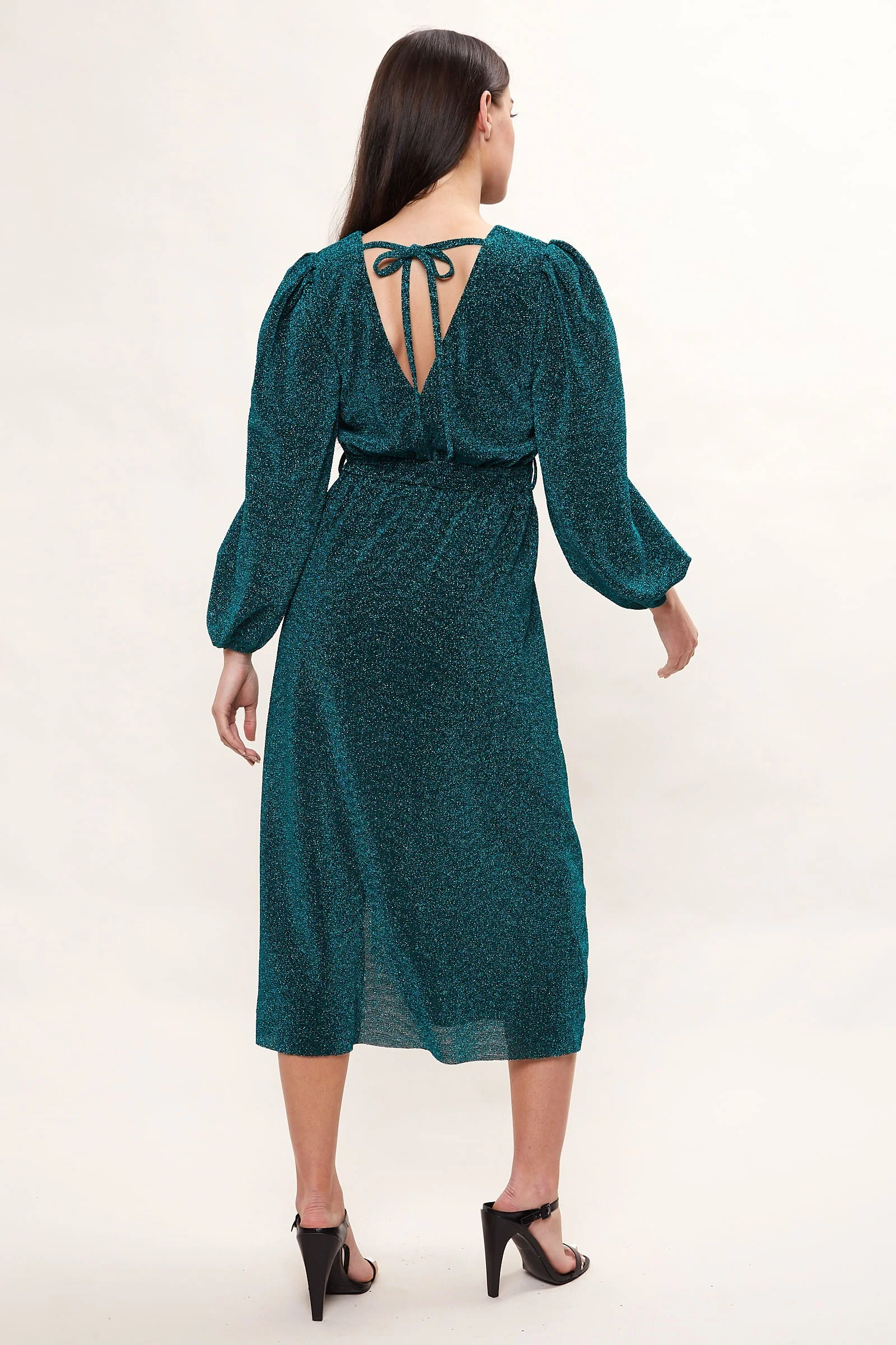 Louche Roza Lurex Jersey V Back Midi Dress - Petrol - Image 2