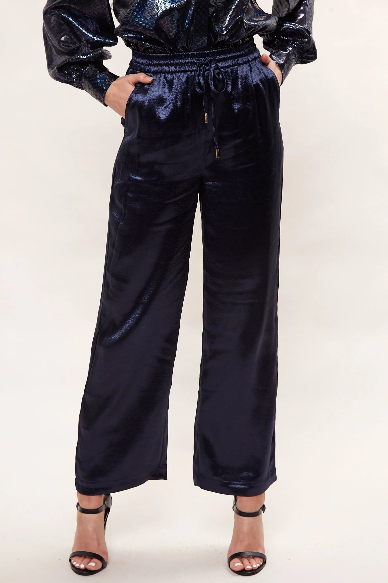 Louche Satin Emmanuella Pull On Trouser - Navy