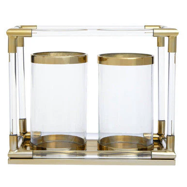 Lucita Double Candle Holder in Gold Finish and Acrylic