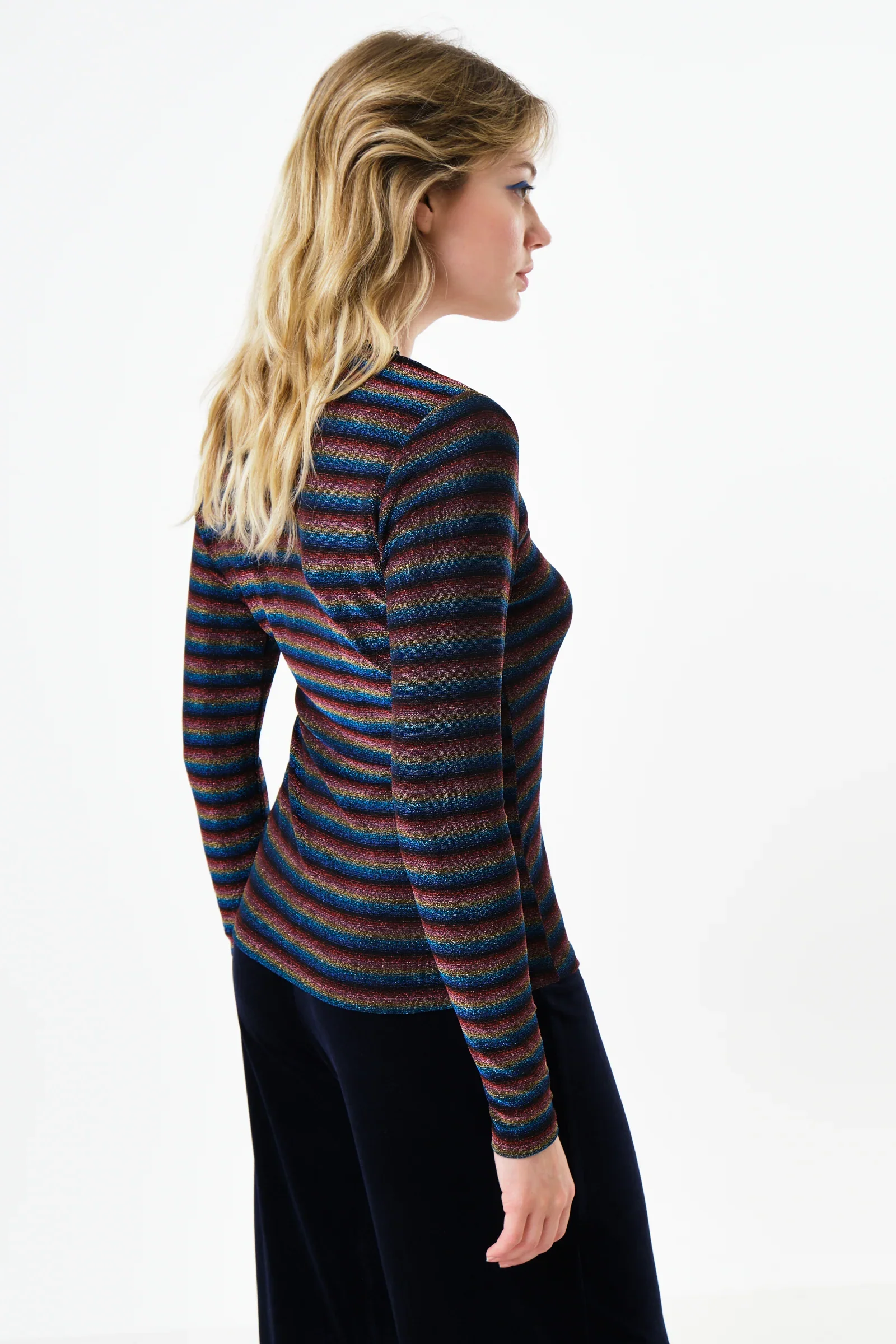 Maeko Sparkle Stripe V-Neck Top - Gold - Image 2