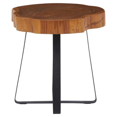 Solid Teak Wood Side Table with Asymmetric Top and Black Cross Bas, Manado - Image 4