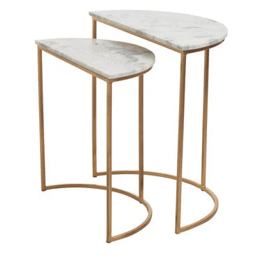 Nest of 2 White Marble Top Semicircular Side Tables with Gold Metal Open Frames, Mandoli - Image 5