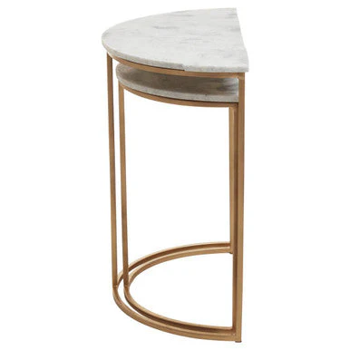 Nest of 2 White Marble Top Semicircular Side Tables with Gold Metal Open Frames, Mandoli - Image 7