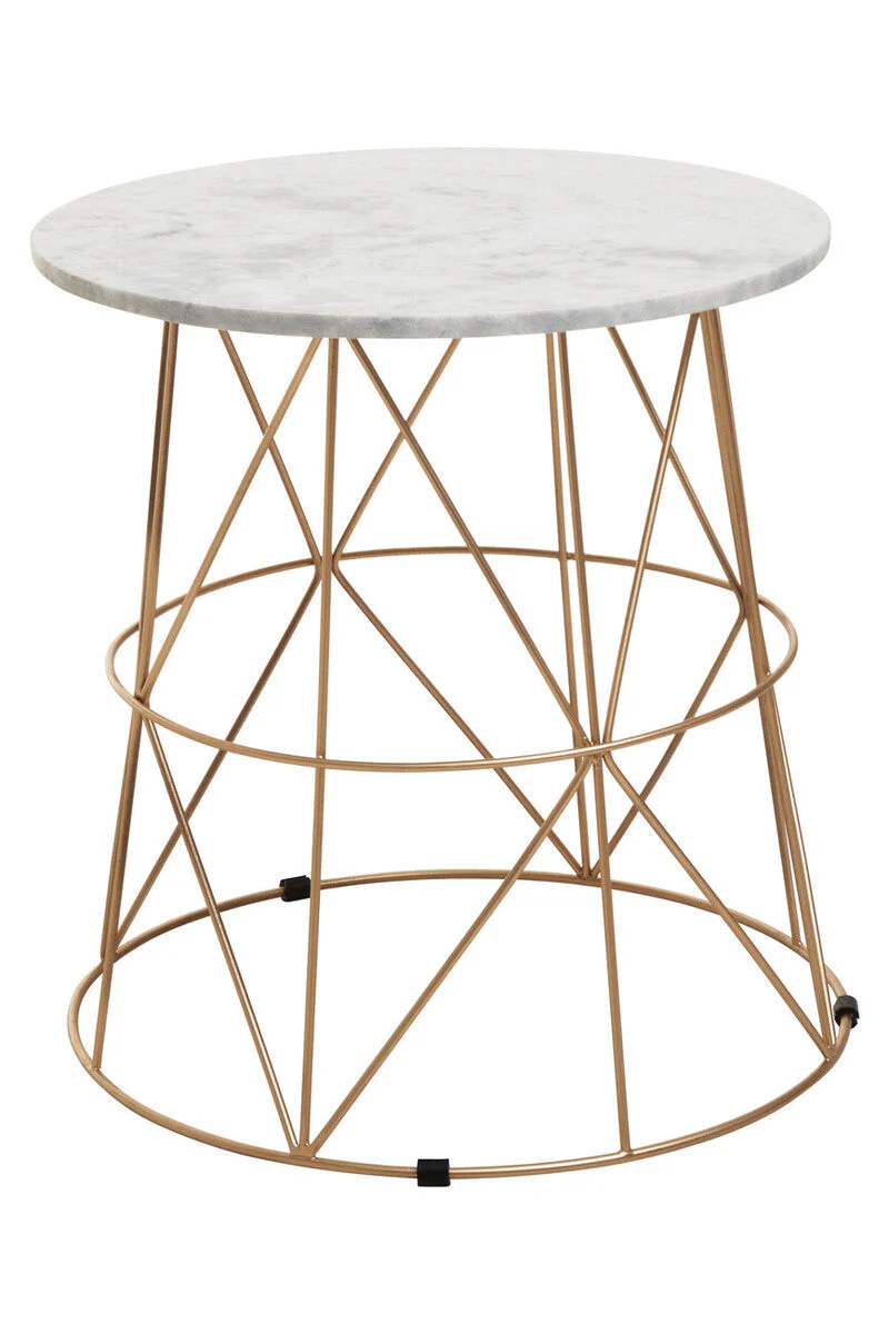 White Marble Top Round Side Table with Gold Cage Metal Frame, Mandoli - Image 3