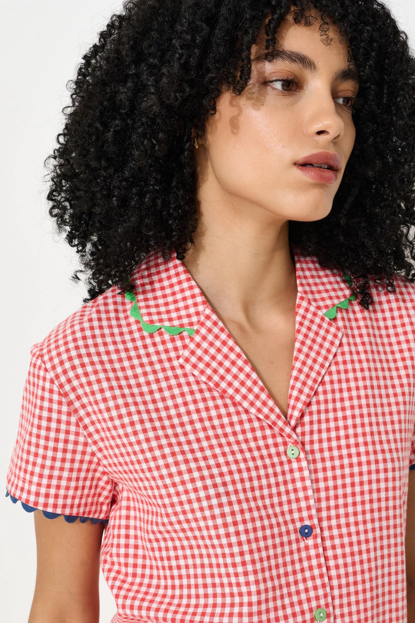 Marika Gingham Ric Rac Trim Resort Shirt - Red - Image 3