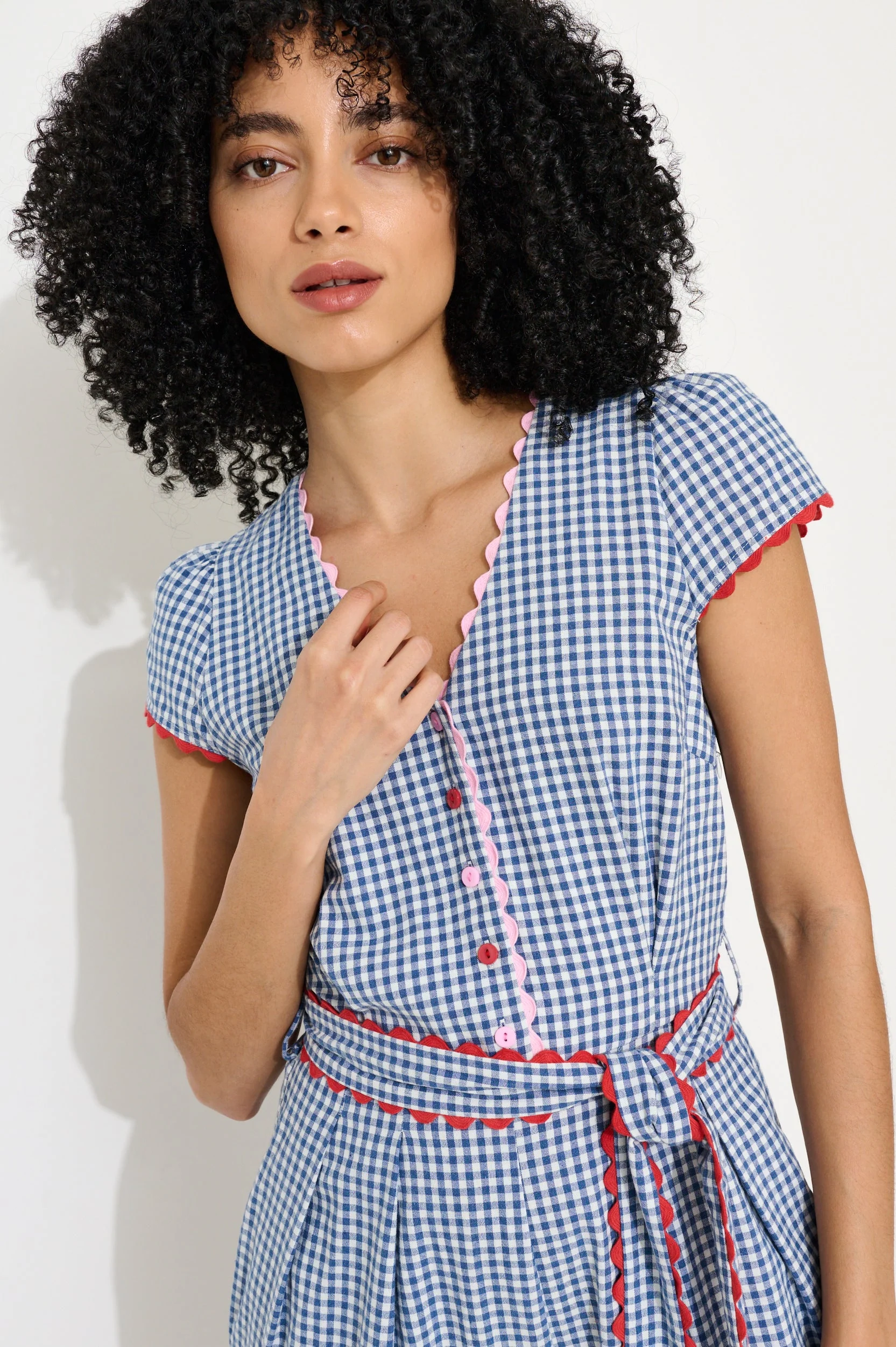 Marleen Gingham Ric Rac Trim Cropped Jumpsuit - Blue - Image 4