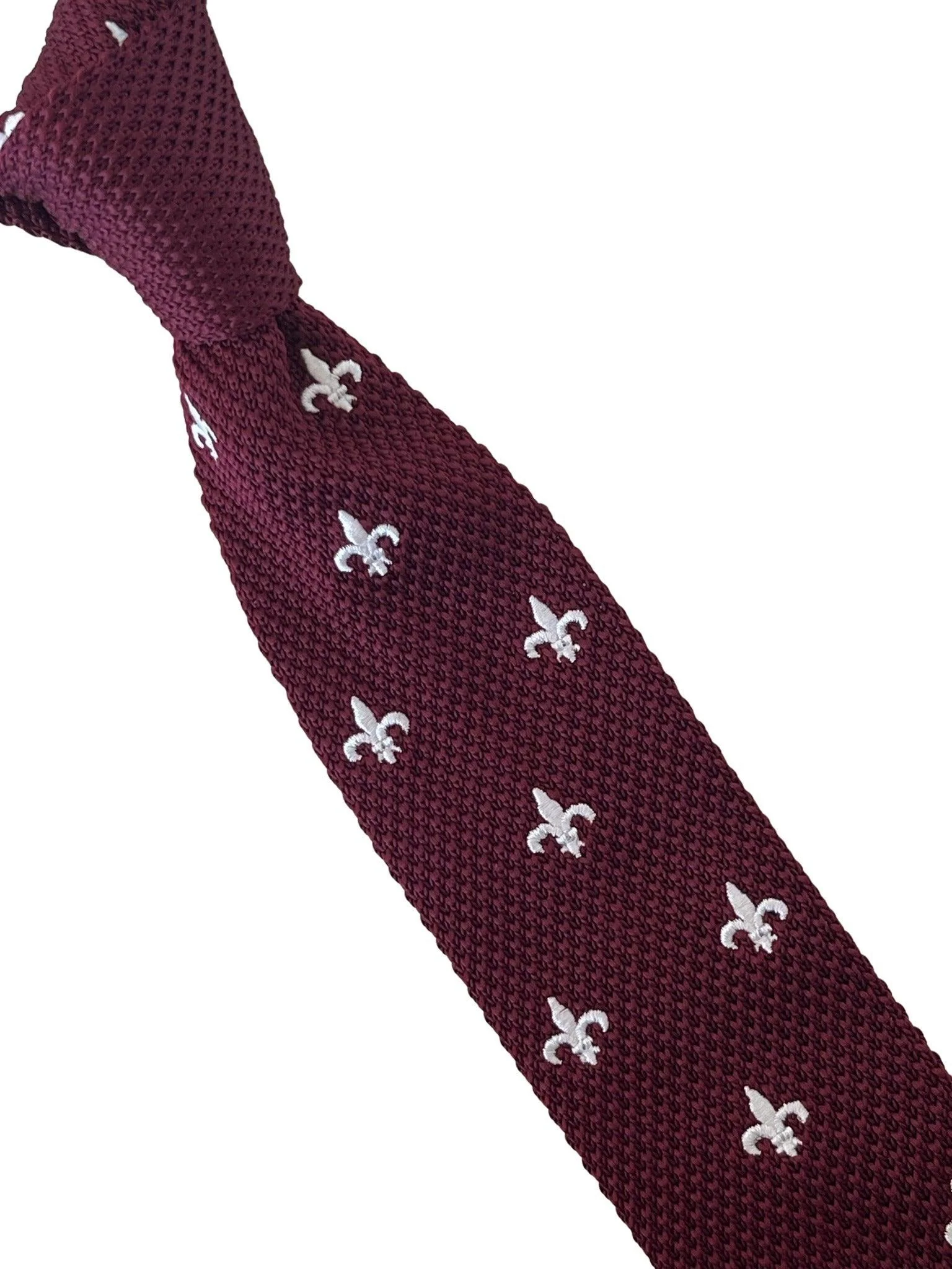 maroon knitted tie with white embroidered fleur de lis lys design - Image 4