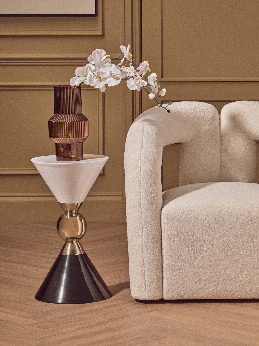 Gold and Black Metal Angular Side Table with White and Black Top and Rounded Base, Martini - Image 9