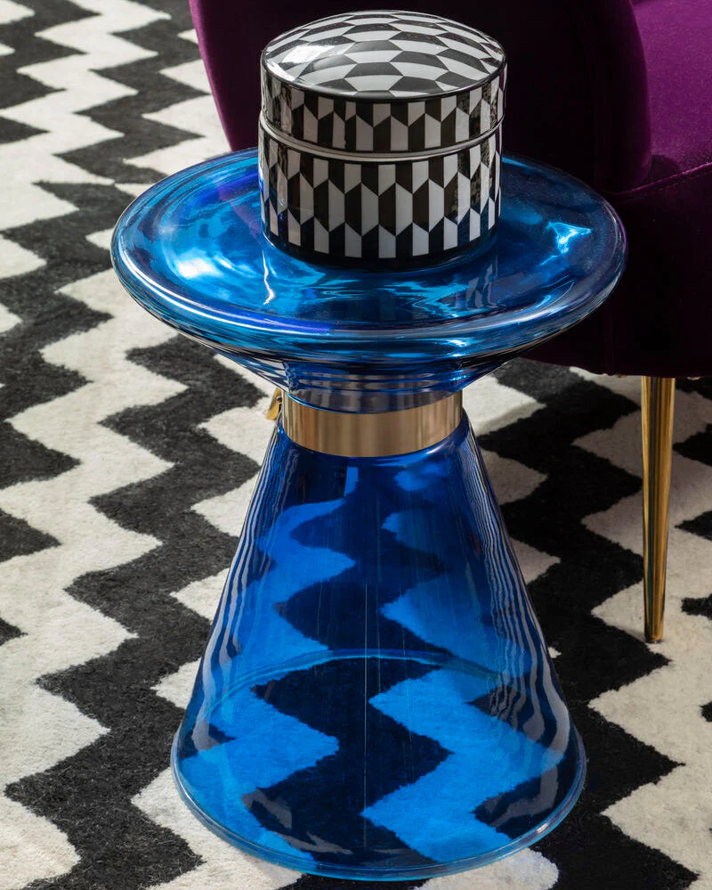 Blue Glass Hourglass Side Table with Gold Finish Steel Ring, Martini - Image 4