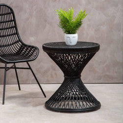 Black Rattan Side Table with Twisted Base and Tight Weave Top, Mataram